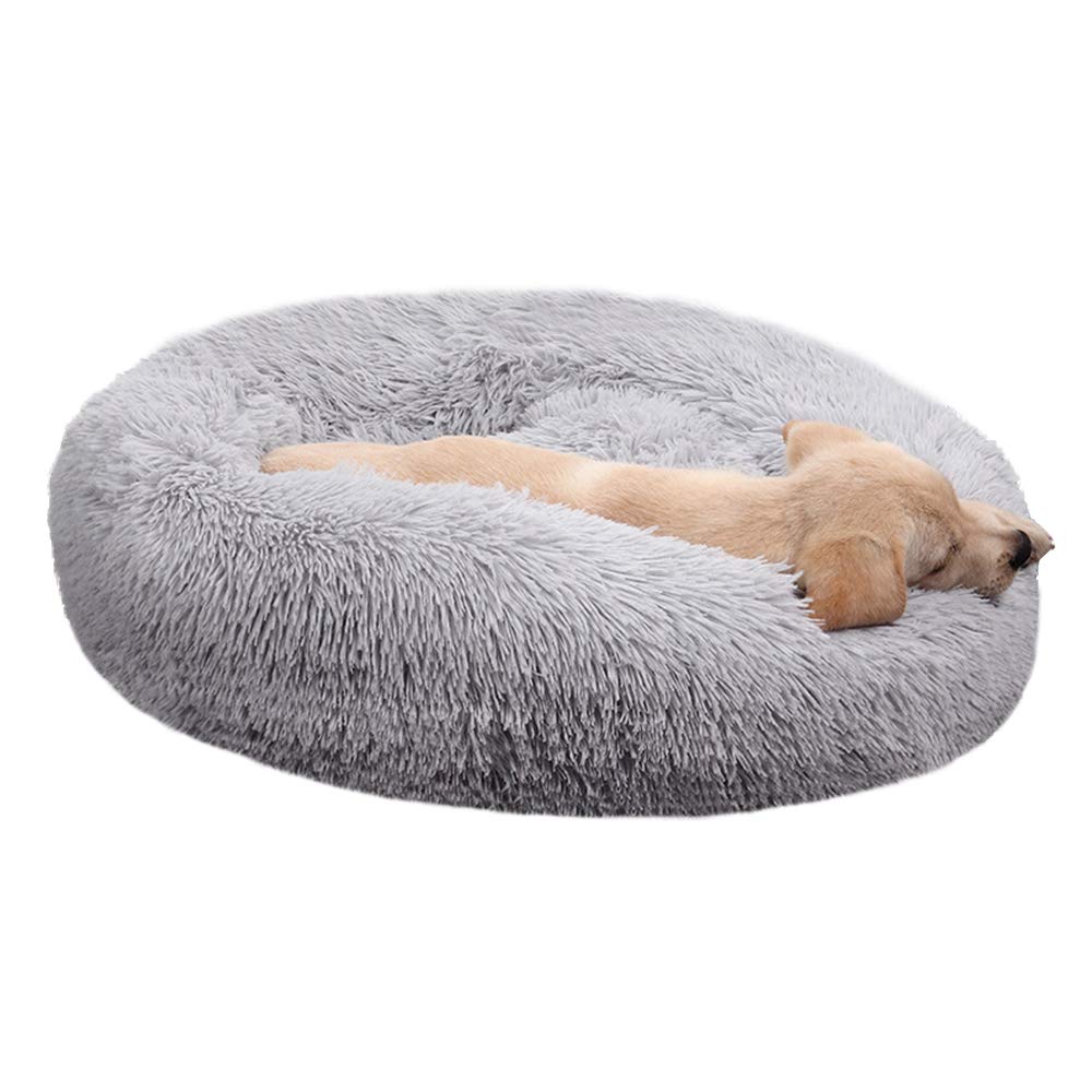 Bodiseint Faux Fur Dog Bed, Shag Round Anti-Anxiety Pet Calming Doughnut Cuddler For Medium Large Puppy Dog Cat Kennel Cushion -