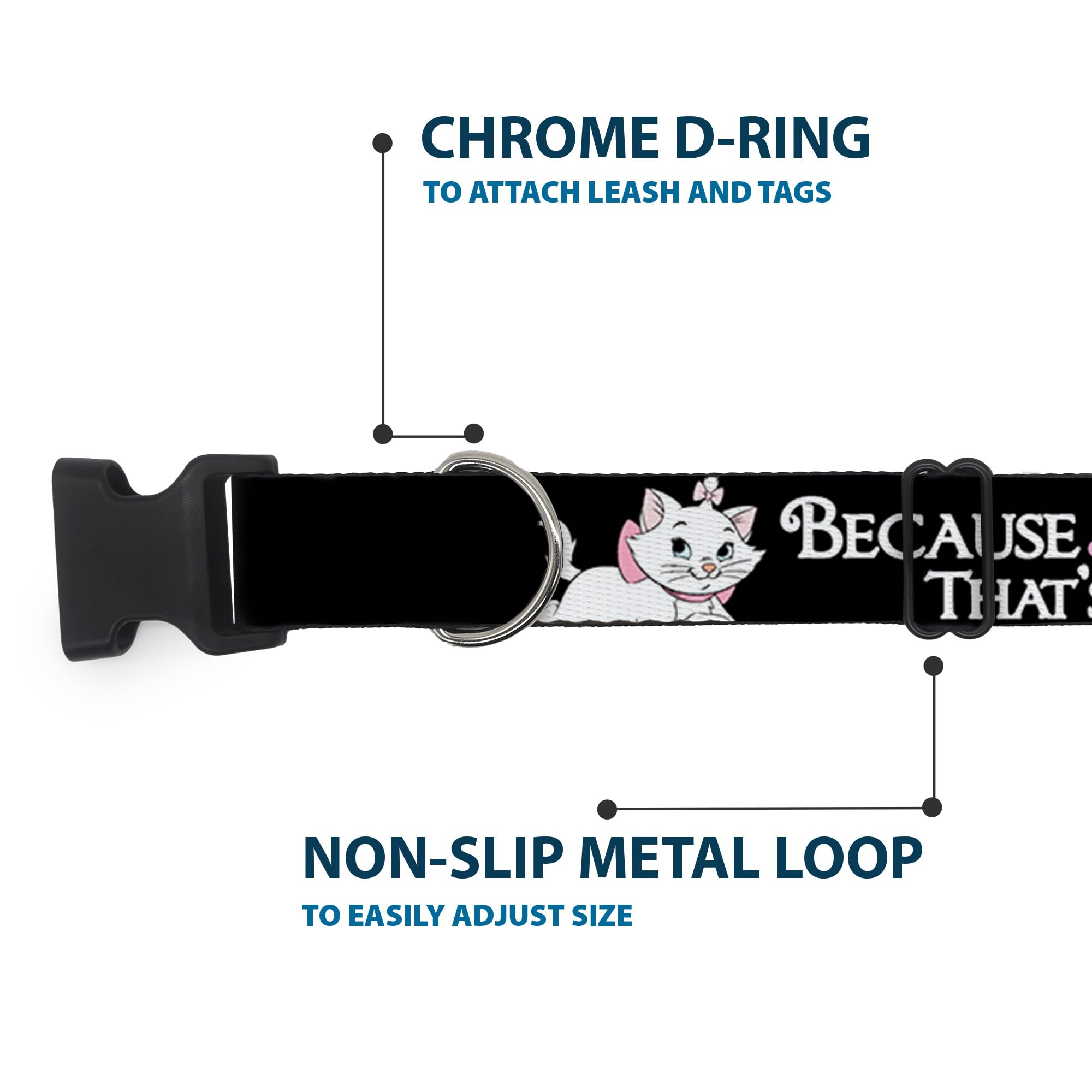 Buckle-Down Dog Collar Plastic Clip Aristocats Marie 3 Poses Because Im A Lady Thats Why Black, Multi Color, 1'' Wide - Fits 1
