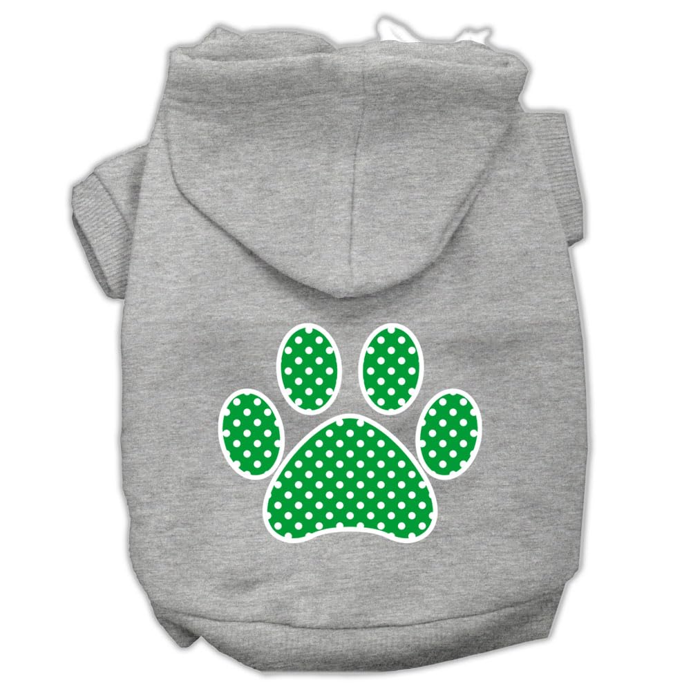 Pet Dog & Cat Hoodie Screen Printed, 'Green Swiss Dots Paw' Gray Xs (0-3 Lbs.)