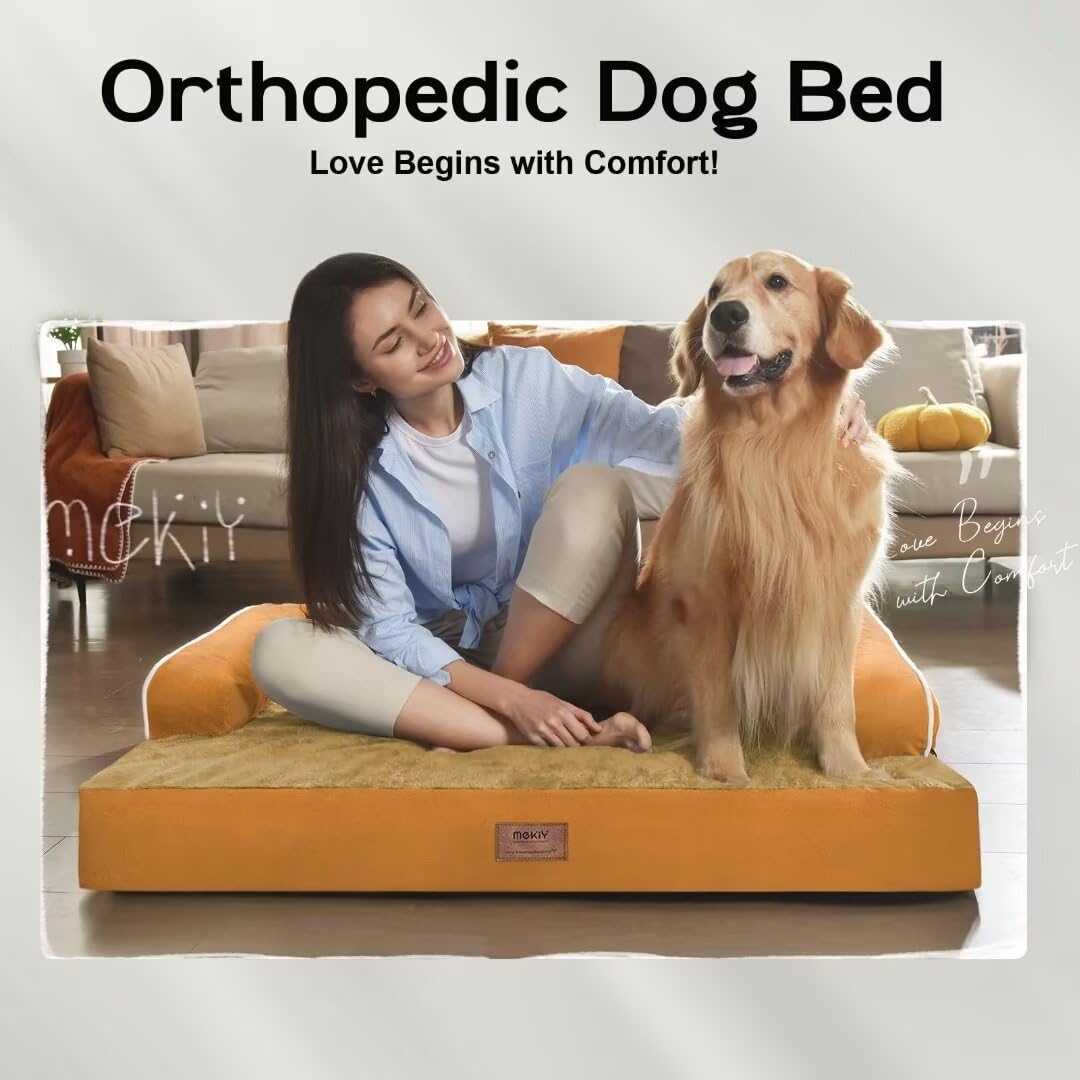Large Dog Bed Orthopedic Washable, Orthopedic Dog Beds For Large Dogs With Washable Cover, Removable Bolster And Non-Slip Bottom Orange Large Dog Beds, Xl Xlarge Extra Large Dogs