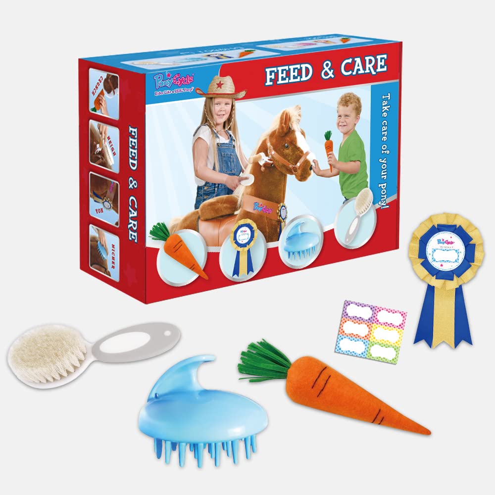 Ponycycle Horse Pony Toys Feed & Care Grooming Kit, 5 Piece Assortment. Groming Brush, Pet Brush, Carrot, Sticker, Name Tag For Boys And Girls, For Model E, U And Model X