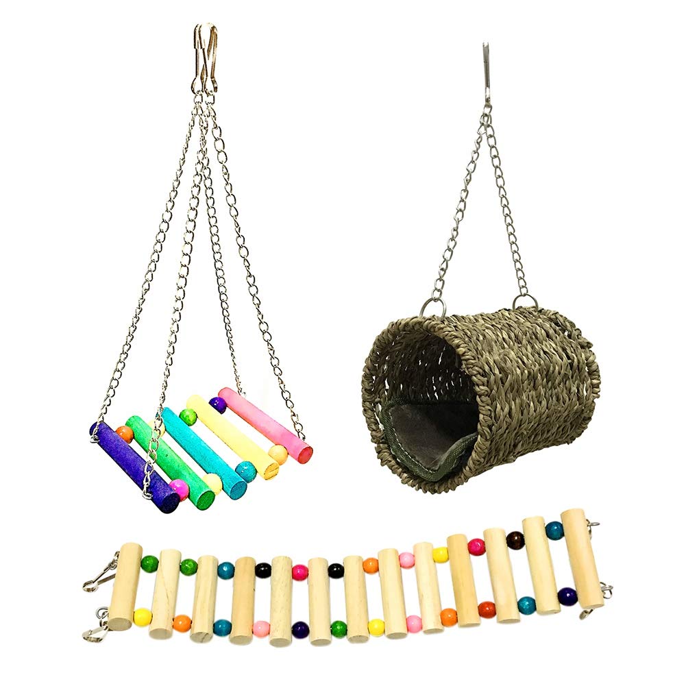 Leeko Pet Hammock Hamster Hanging Toy, 3 Piece Set House Hanging Bed Cage Toys For Small Animal Sugar Glider Squirrel Chinchilla Hamster Rat Playing Sleeping