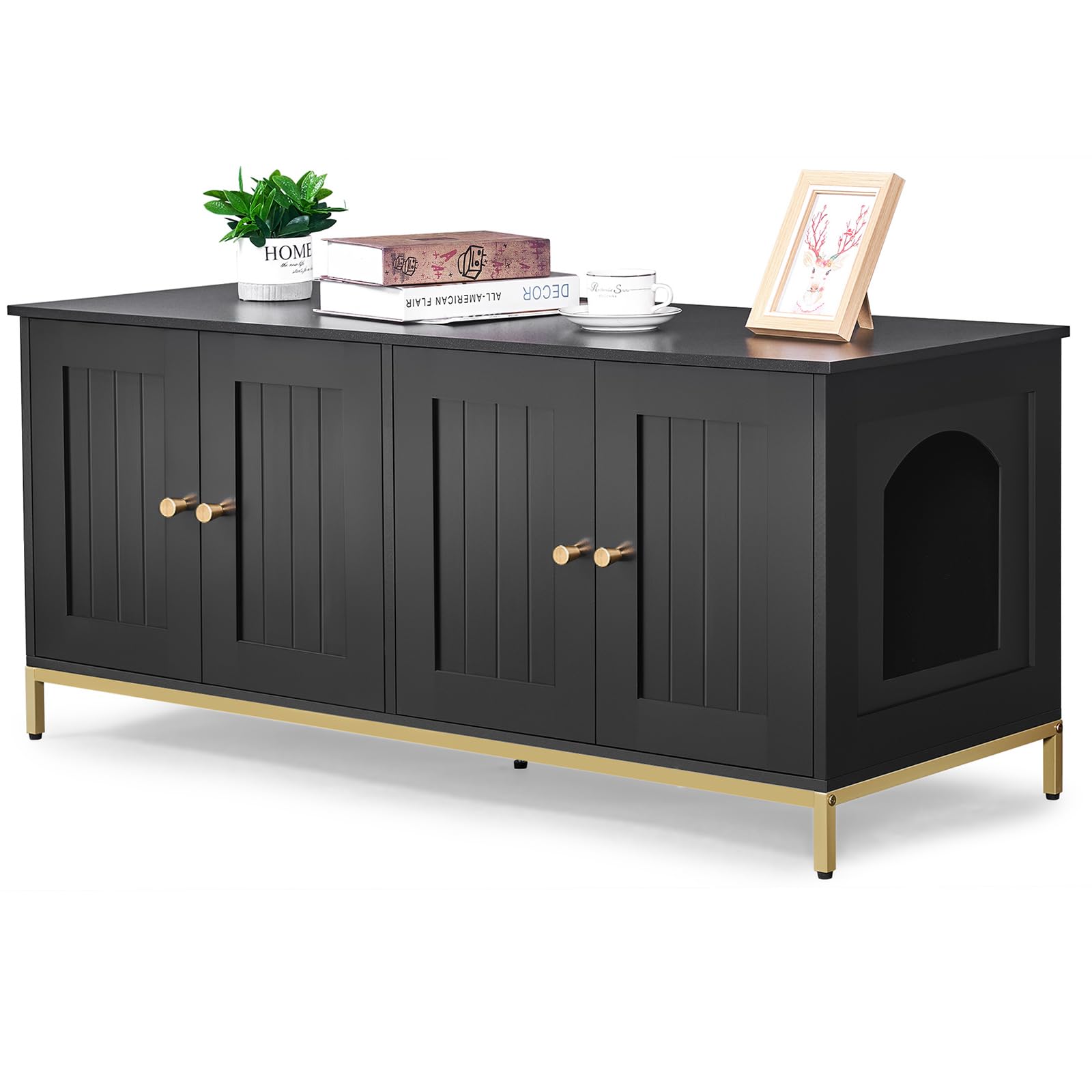 Homhedy Cat Litter Box Enclosure For 2 Cats, Cat Washroom Furniture With Double Room, Pet House With Metal Frame, 47.2   L X 17.