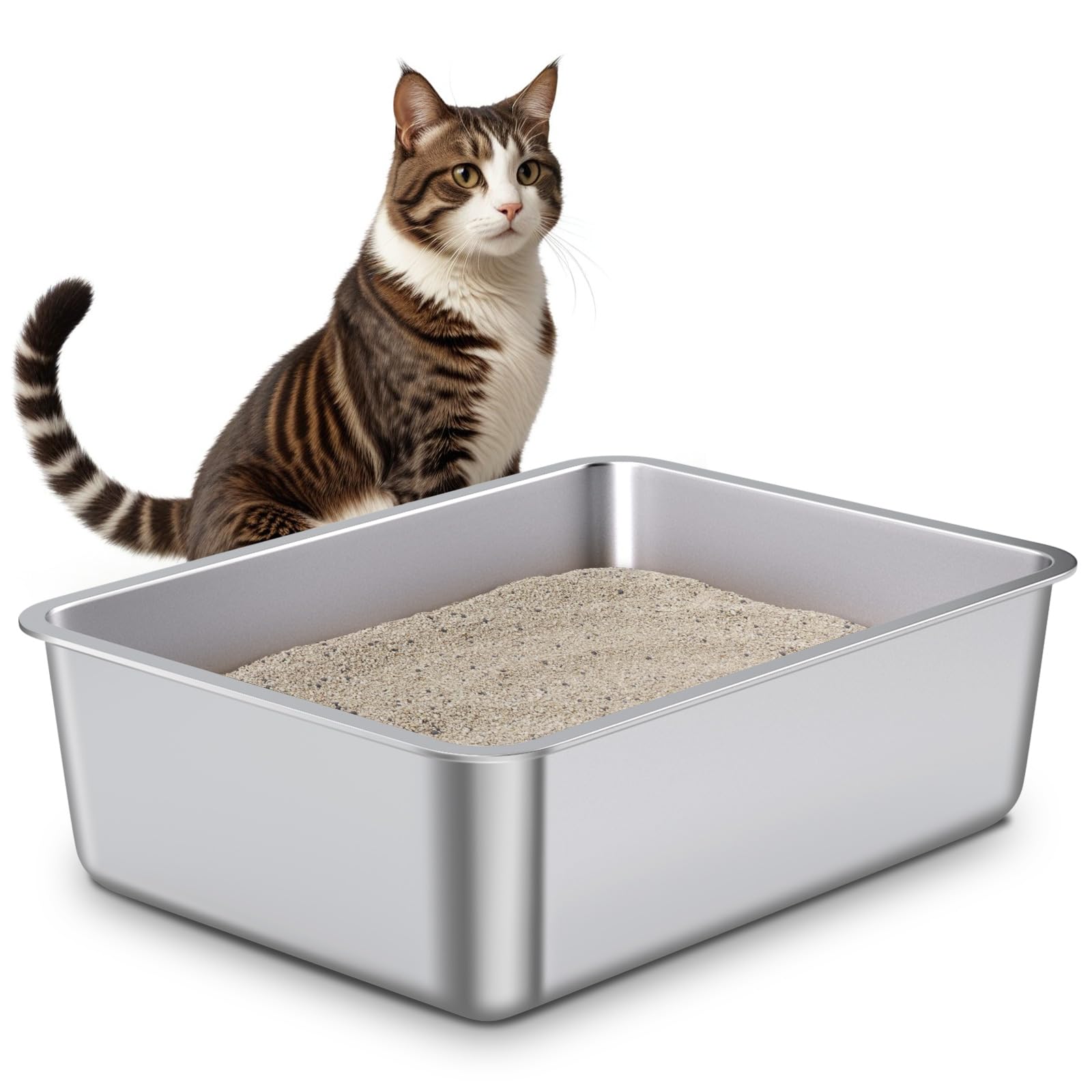 Egmehoad Stainless Steel Cat Litter Box-Metal High Sided Litter Box, Large Cats Litter Pan Easy To Clean, Pet Toilet For Kitten,