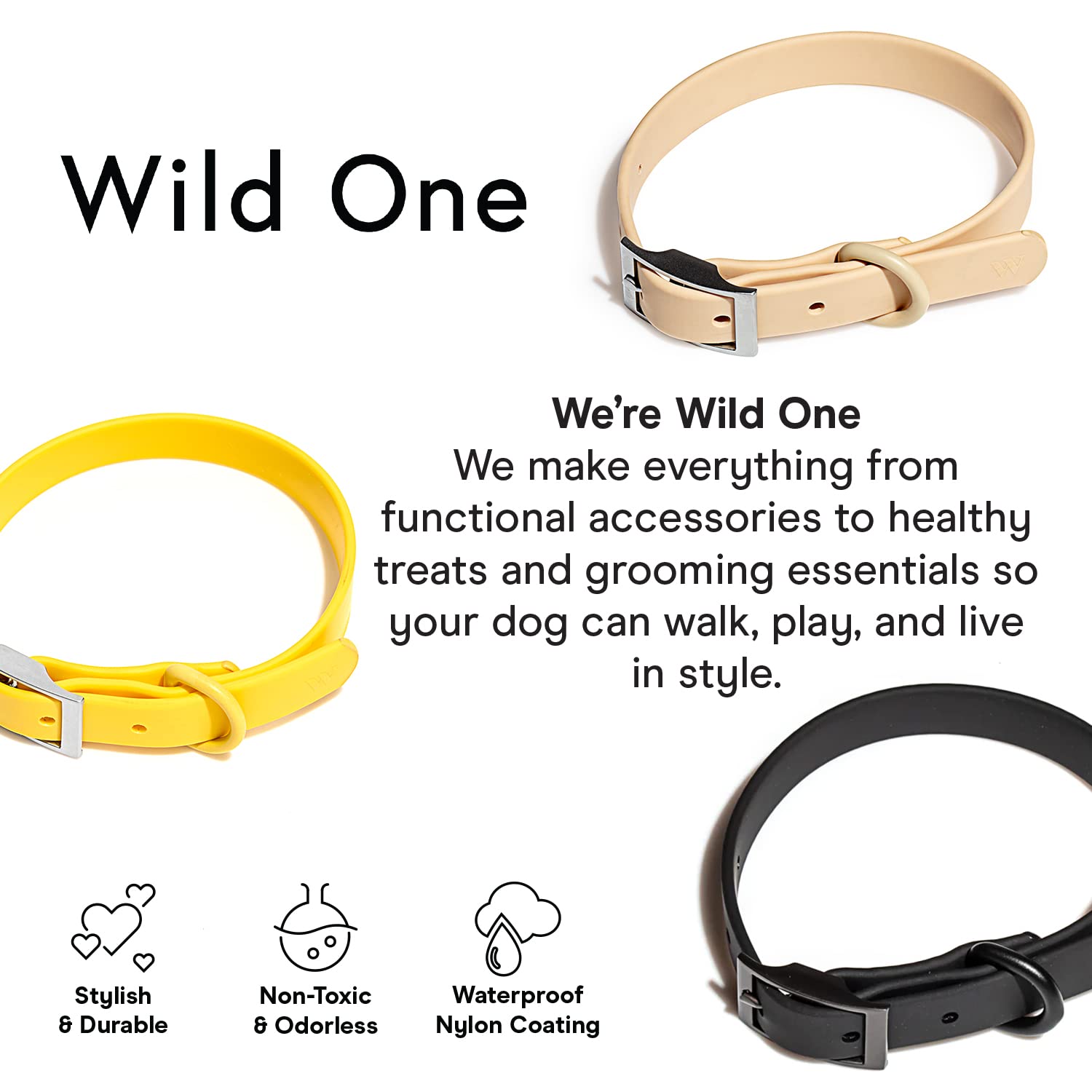 Wild One Dog Collar, The Original Easy-Clean, All Weather Flex-Poly Strap With Metal, Durable, Dirt And Odor Resistant, Size S,