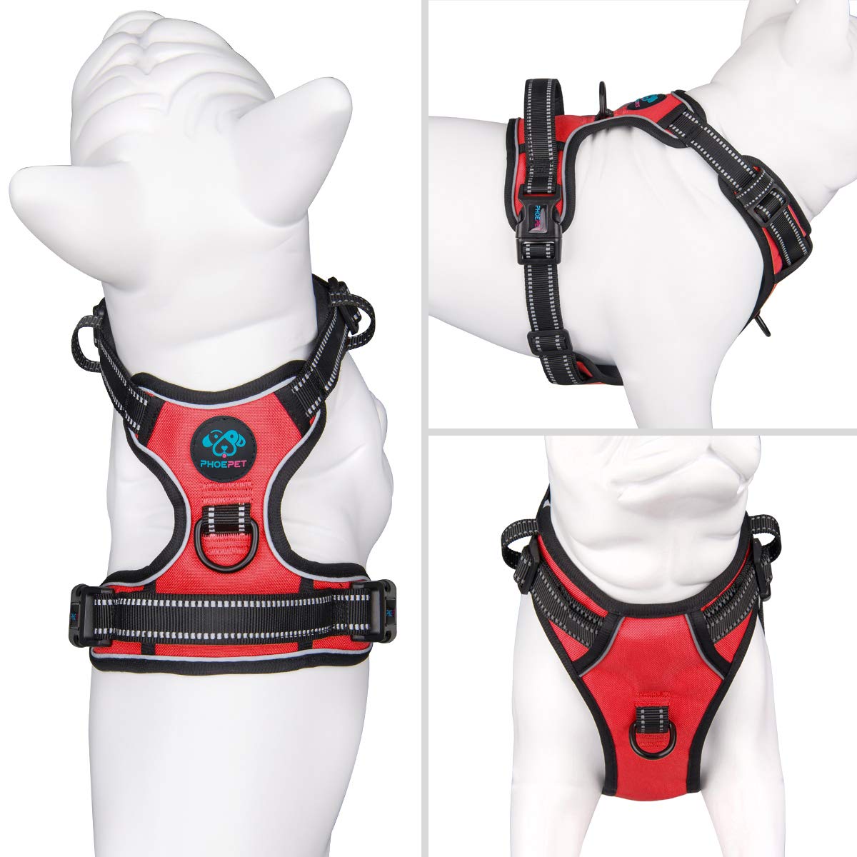 PHOEPET Reflective Dog Harness No Pull Large Breed Vest with 2 Metal Leash Attachment Hooks(L, Red)