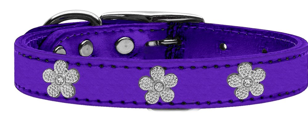 Mirage Pet Products Flower Widget Genuine Metallic Leather Dog Collar, Size 10, Purple/Silver