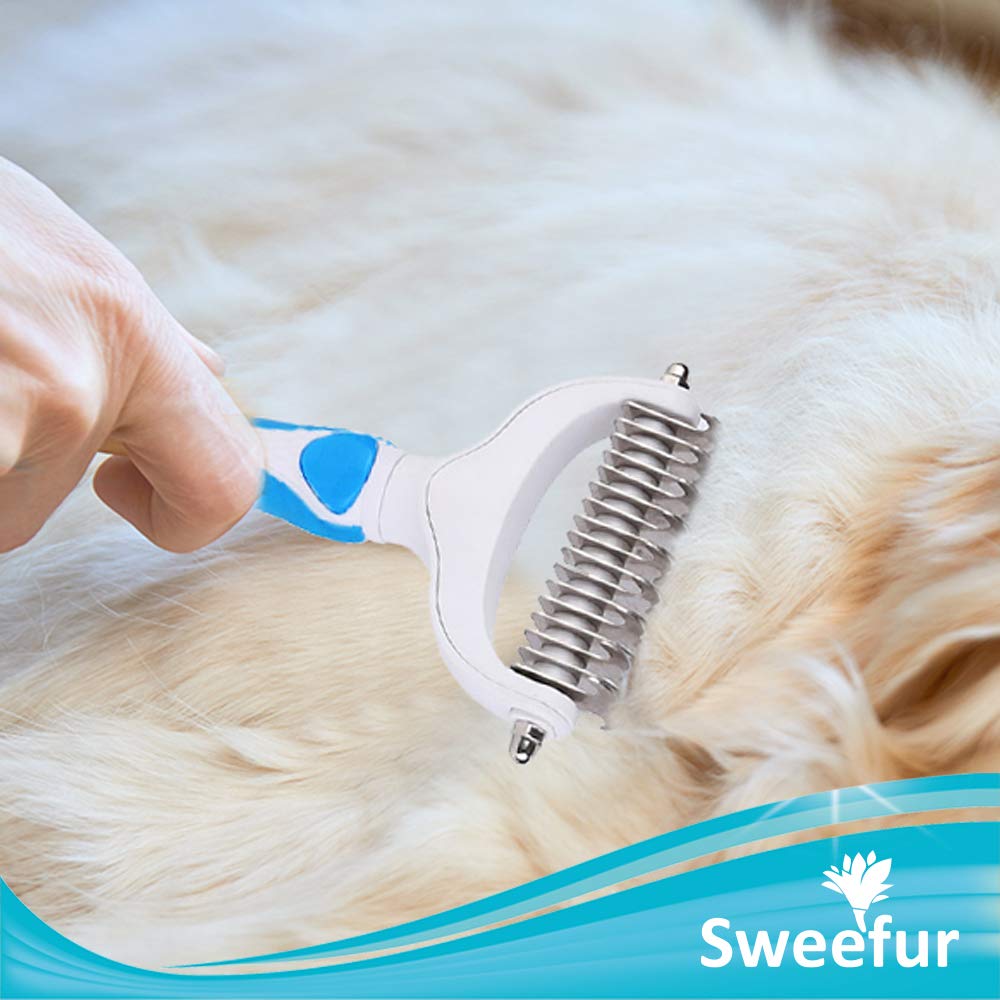 Sweefur Pet Grooming Comb- 2 Sided Undercoat Rake For Dogs & Cats- Professional Teeth Pet Brush For Shedding And Remove Mats & Tangles- Grooming Rake Tool For All Pet Sizes- Blue