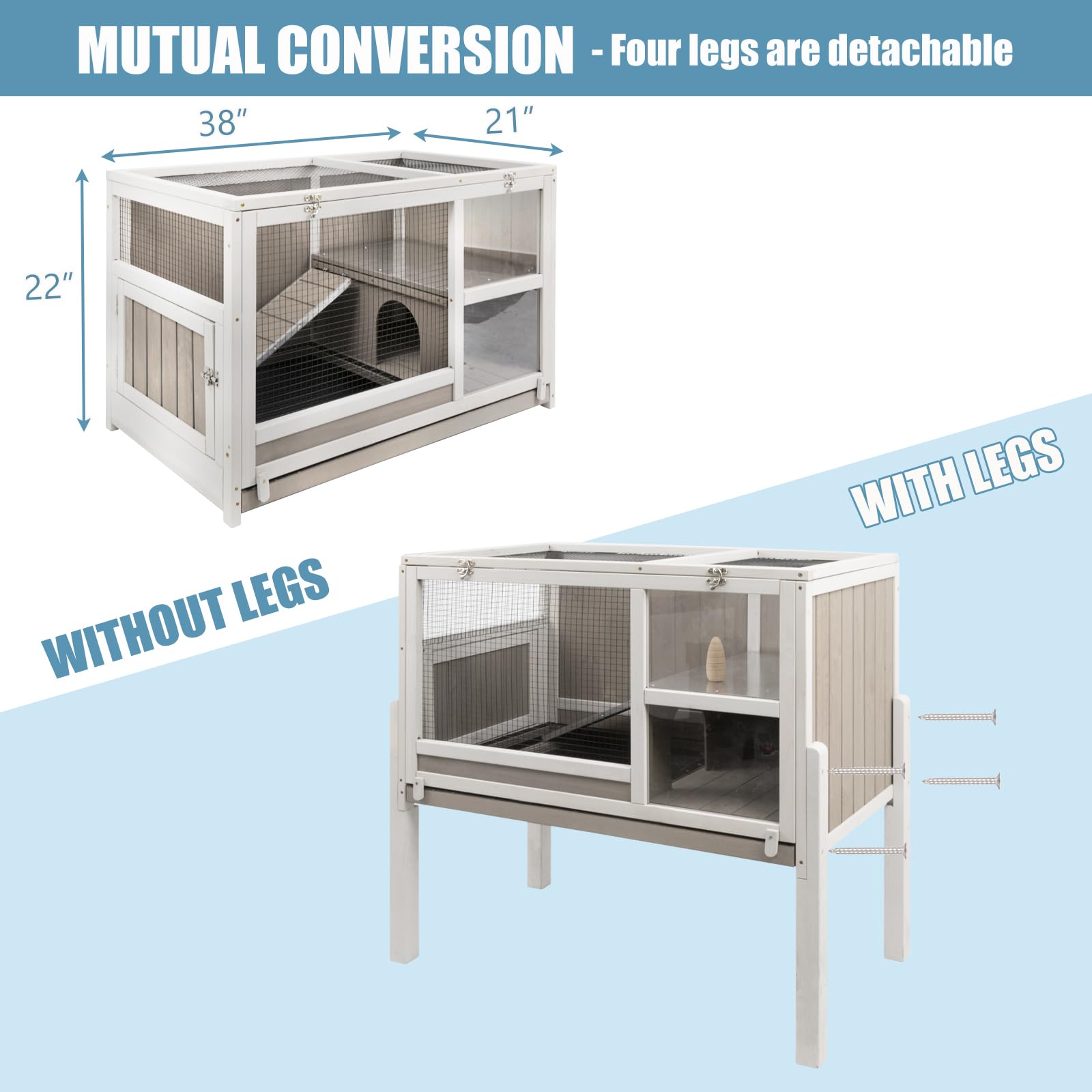 Gowoodhut Elevated Guinea Pig Cage 36.6' H Wooden Outdoor Rabbit Hutch With Wire Netting Above The Pull Out Tray, Detachable Le