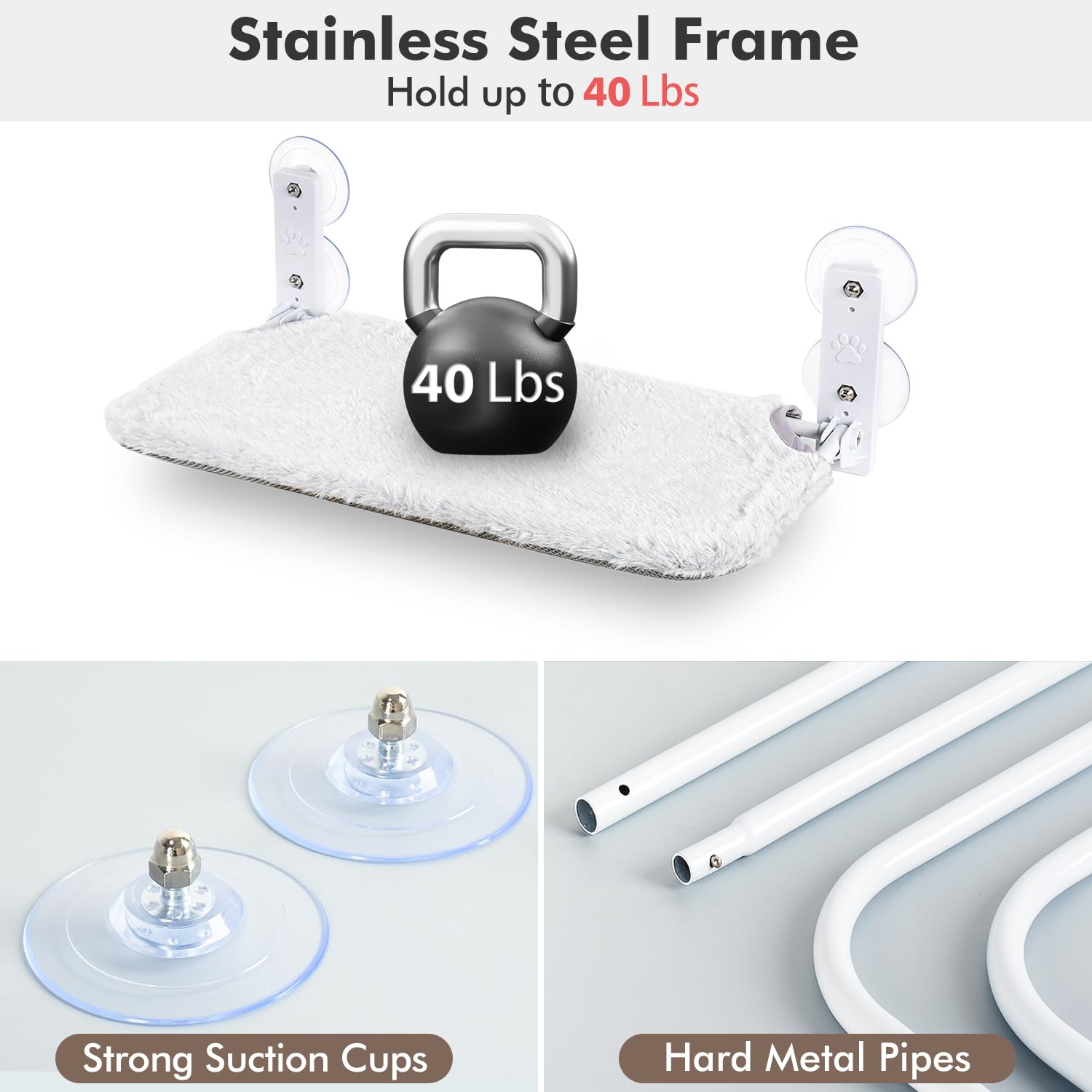 Amosijoy Cordless Cat Window Perch, Cat Hammock For Wall With 4 Suction Cups, Solid Metal Frame And Reversible Cover, Foldable C