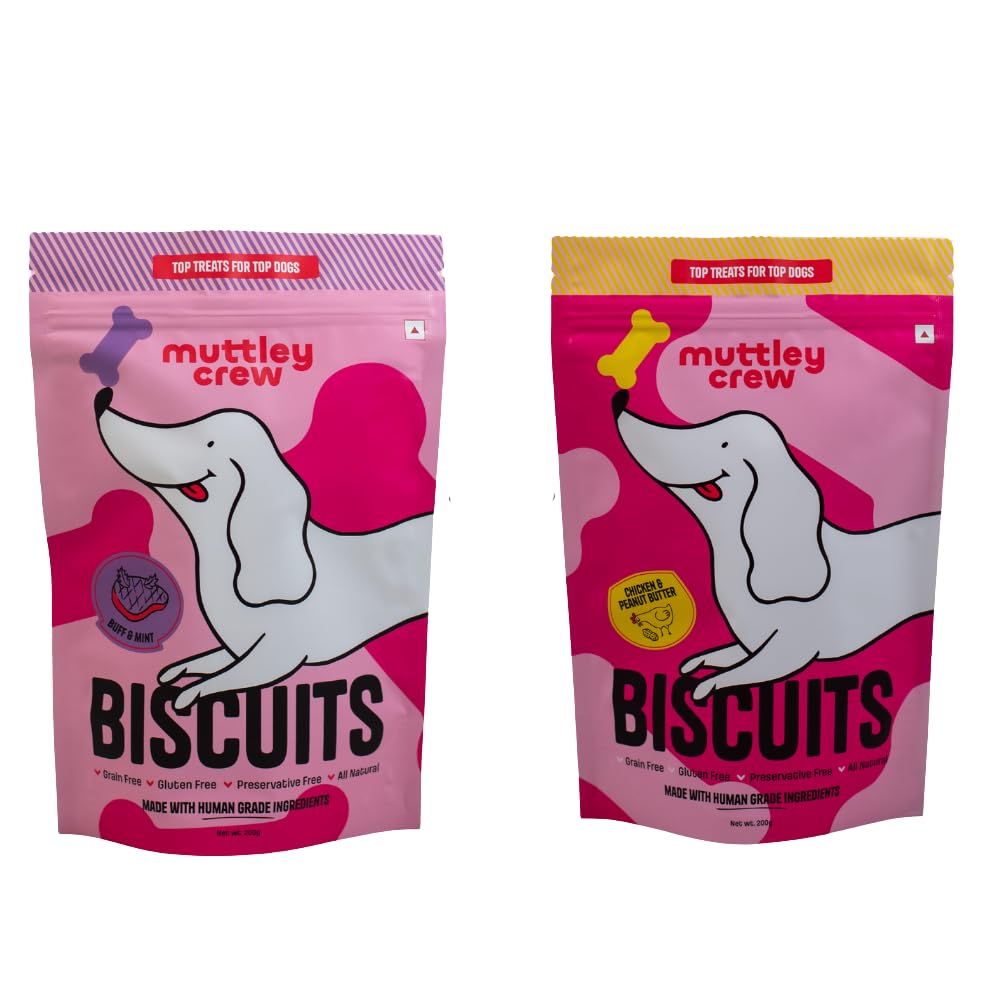 Muttley Crew Buff & Mint Biscuits + Chicken & Peanut Butter Biscuits Combo | Healthy Dog Treats | ProteinRich, GrainFree, Natu