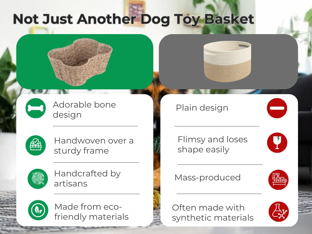 Dog Toy Basket, Bone Shaped Dog Toy Bin, Handmade Pet Organizer And Storage, Toy Box for Cats, (17x13 Seagrass)