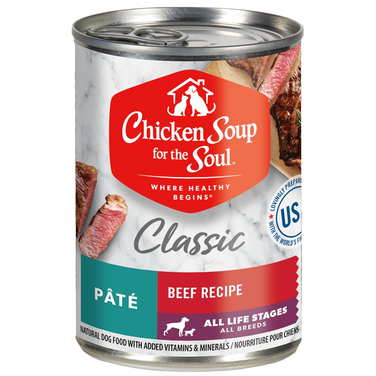 Chicken Soup For The Soul Pet Food Classic Wet All Stages Dog Food, Beef Pate, 13 Ounce Can (Pack of 12), Soy Free, Corn Free, W