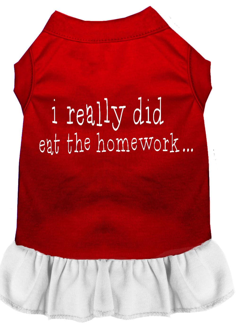 Pet Dog & Cat Dress Screen Printed, &quot;I Really Did Eat The Homework&quot; Red W/White SM (3-6 lbs.)