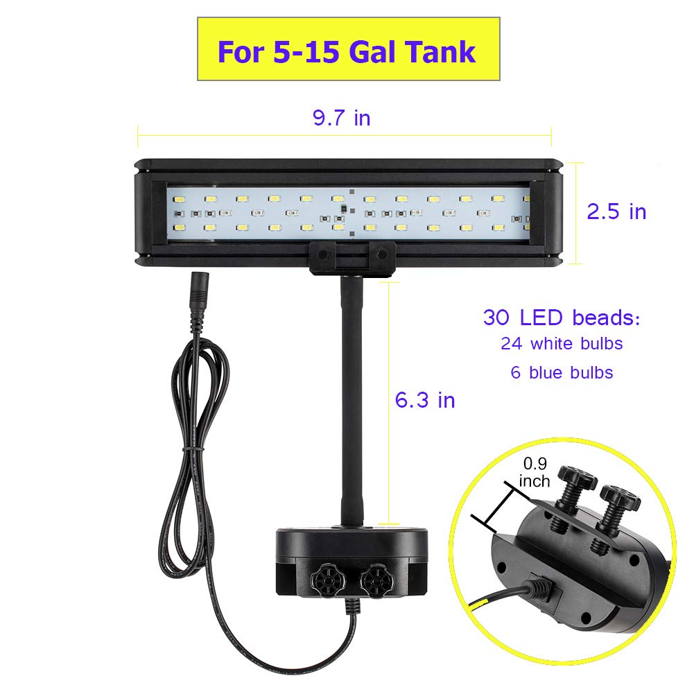 Hygger 9.7 Inches Blue White Led Aquarium Light Clip On Small Led Light For Planted Saltwater Freshwater Fish Tank With Gooseneck Clamp 13W