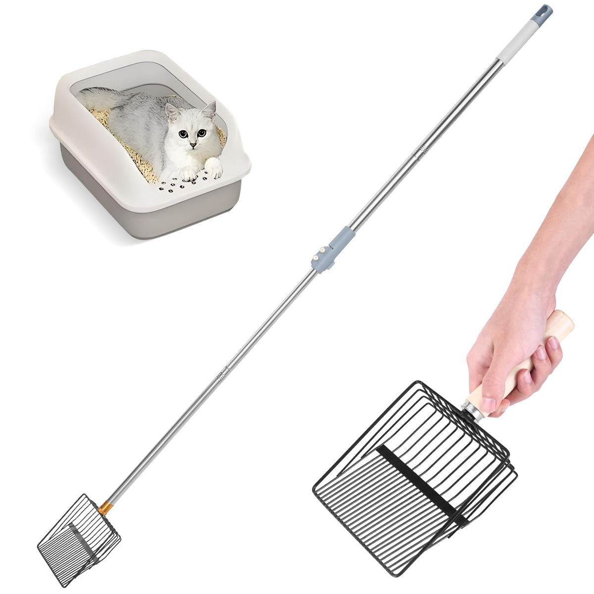 Cagaloi Metal Cat Litter Scoop,38''-57'' Scalable Metal Long Handle Kitty Litter Coop Scooper,Metal Litter Scooper With Deep Sho