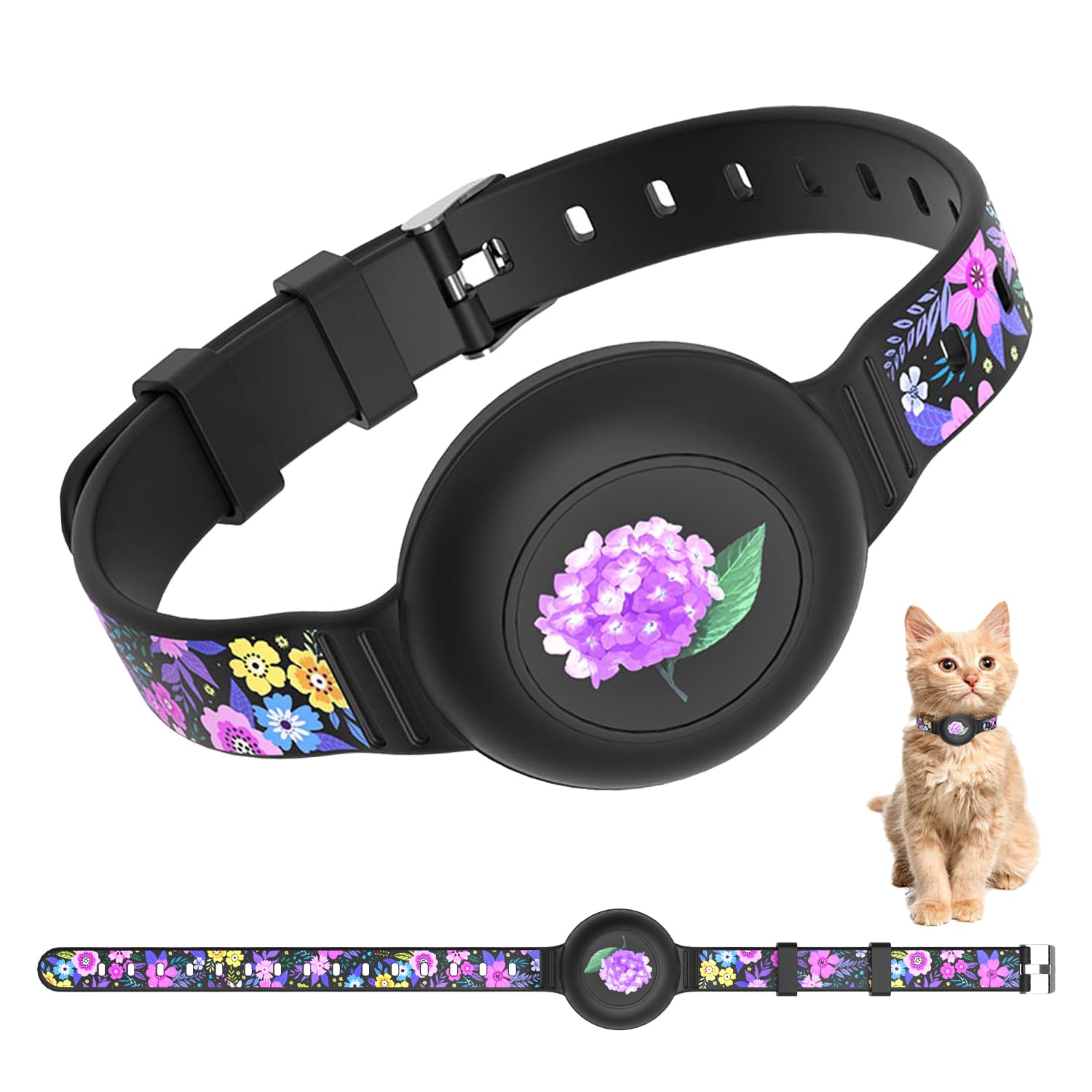 Fgerwz Cute Airtag Cat Collar With Metal Buckle, Cat Collar Airtag One-Piece Printing Design - Adjustable Length (6-11'), Silic