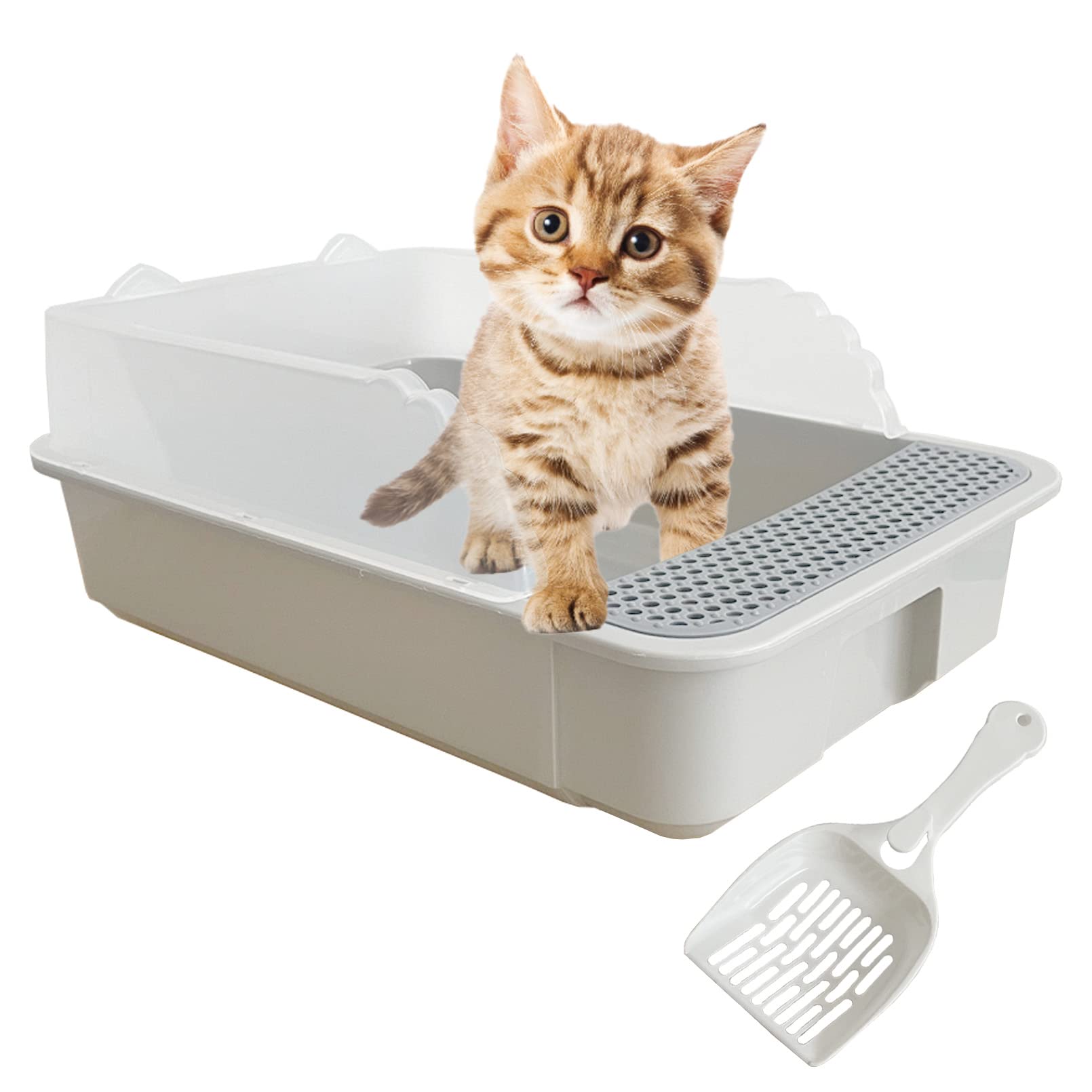 Muyg Open Cat Litter Box With High Side,Anti-Splashing Cats Litters Pan,Kitten Toilet With Litter Sifting Scoop,Semi-Enclosed Re