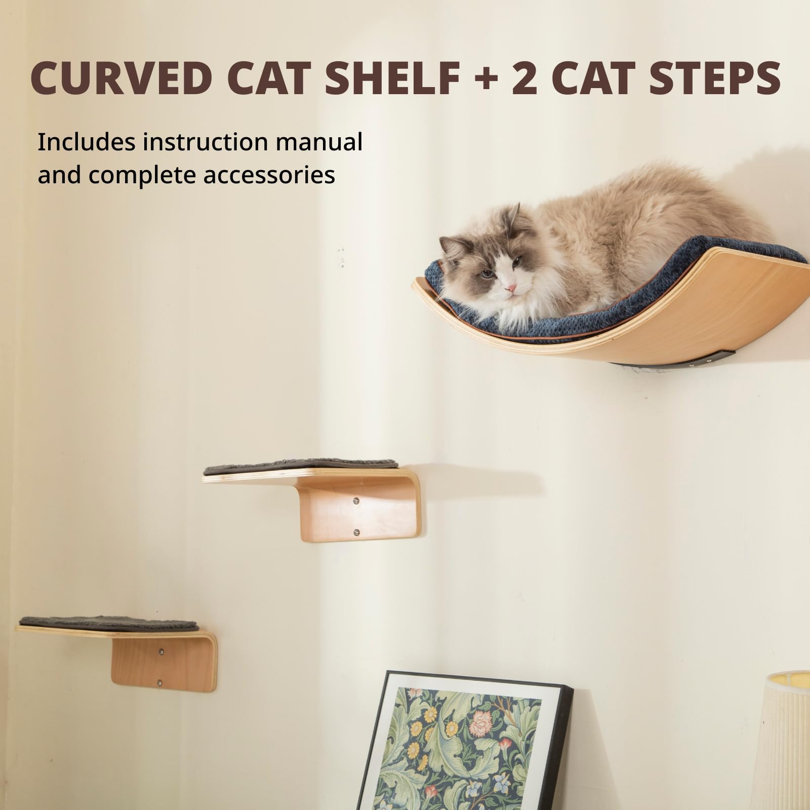 Liorce Cat Wall Shelf With Two Steps - Curved Cat Shelves And Perches For Wall (Large Size) - Wall Mounted Cats Furniture For Sl