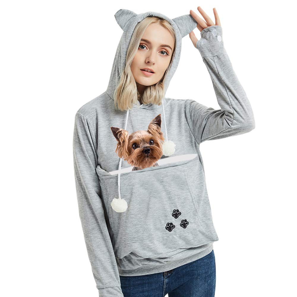 Womens Pet Carrier Sweater Dog Cat Pouch Hoodies Plus Size Tops Light Grey L