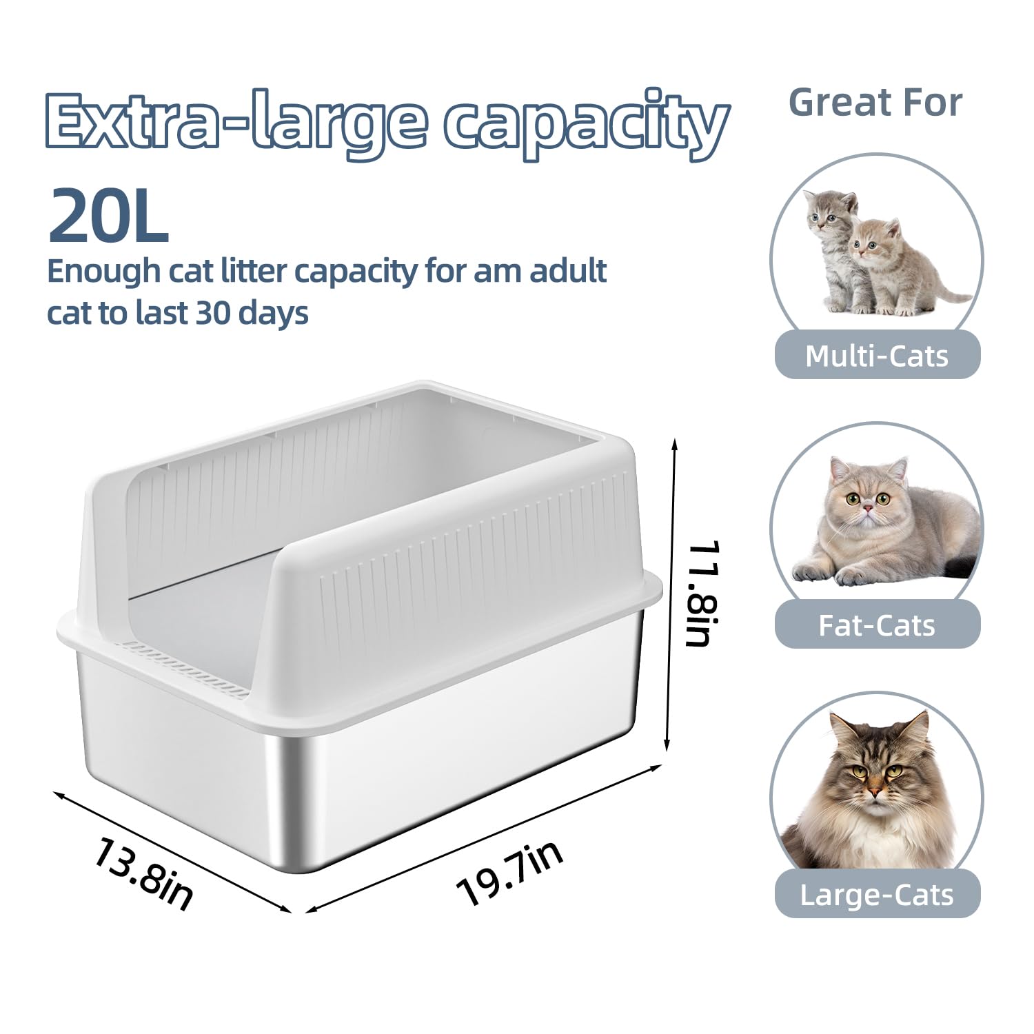 Stainless Steel Cat Litter Box With Lid,Xl,19.7   L X 13.8   W X 11.8   H Deep,Metal Litter Box With High Side,For Small And Lar