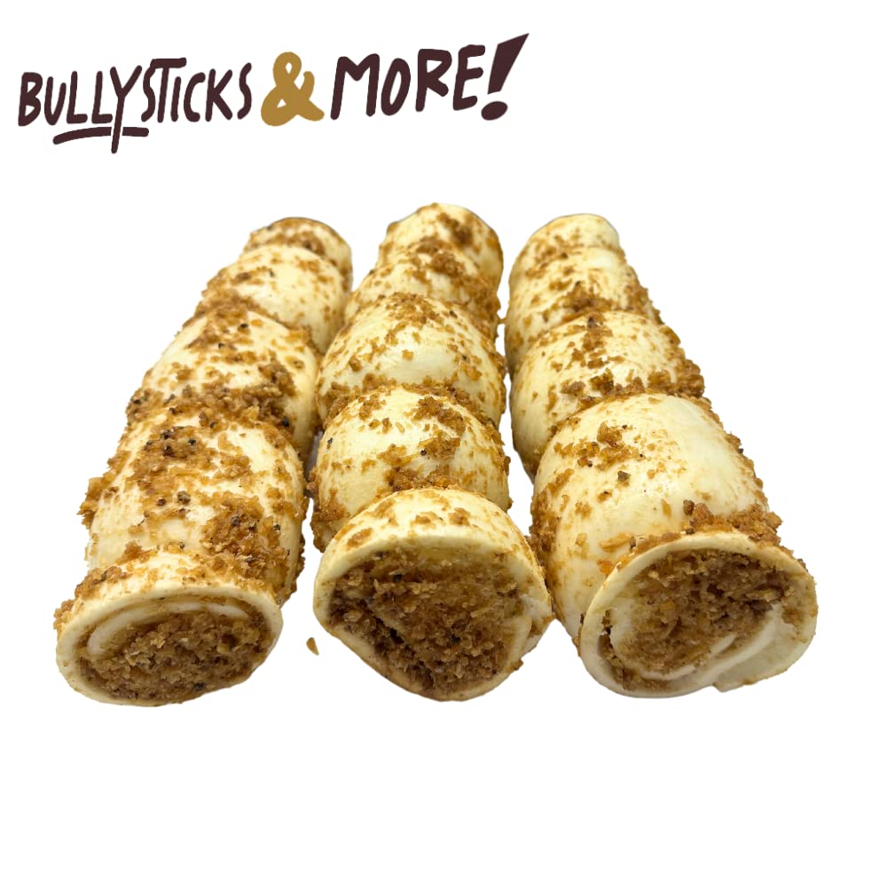 BULLYSTICKS & MORE Beef Cheek Rolls for Dogs - 10-12" Bully Bites Dusted, 3 Count - Premium No Hide Chews, White and Brown