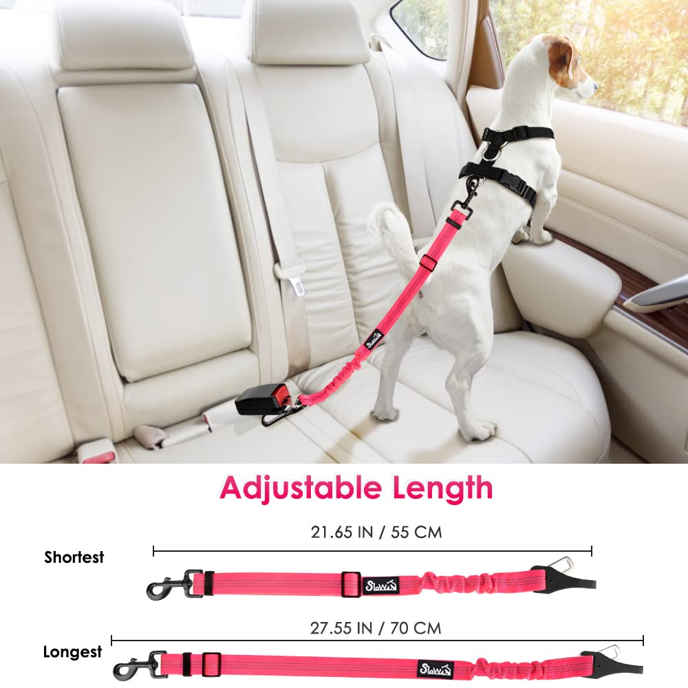 Slowton 2 Pack Dog Seat Belt, 2 In 1 Attachment, Hook Latch Bar Or Seatbelt Buckle With Elastic Nylon Bungee Buffer Adjustable Reflective Nylon Safety Belt Tether Connect To Dog Harness (2Pack-Fl)