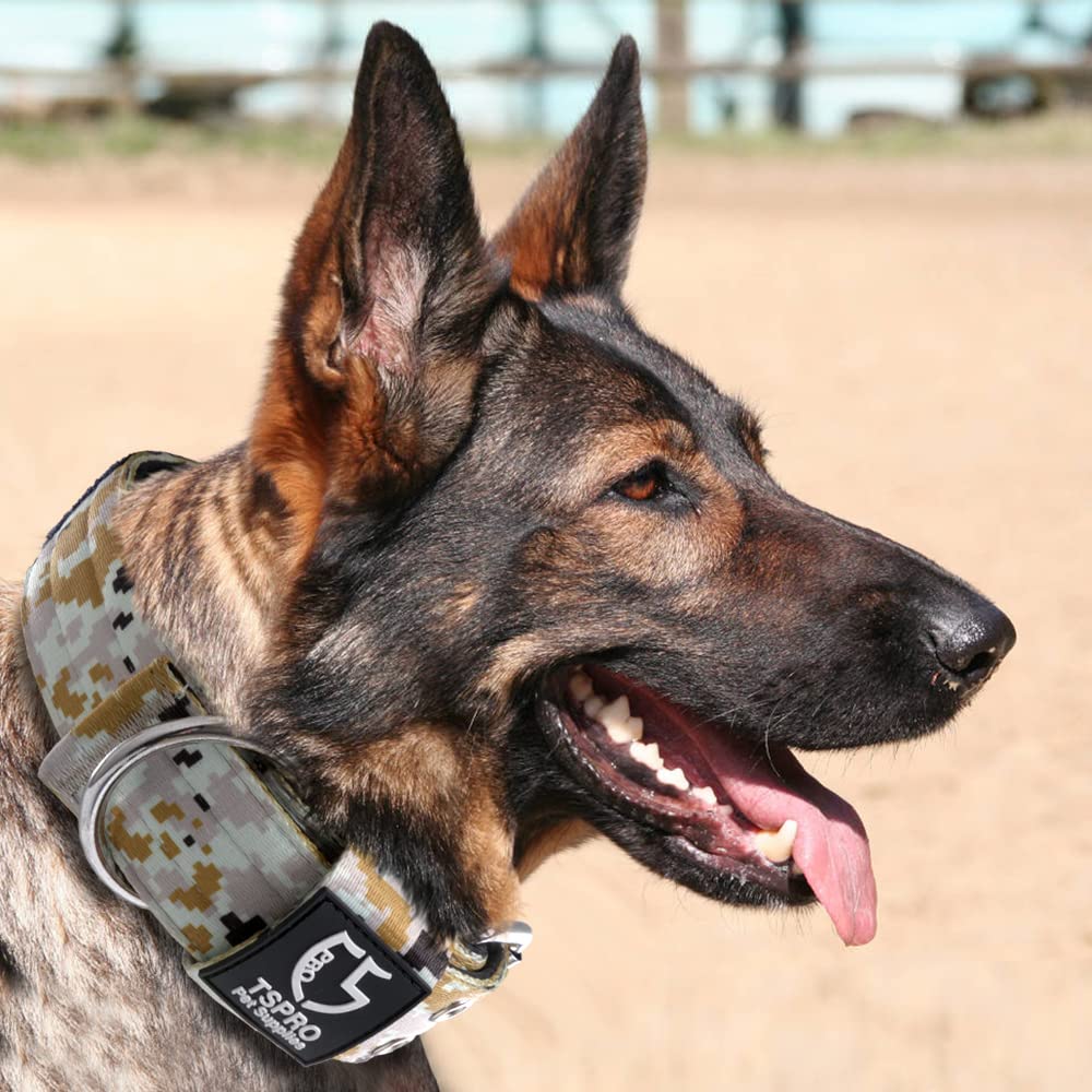 TSPRO Tactical Dog Collar - Camo Khaki, M(45-55CM), Polyester, Military Style with Metal Buckle & USA Flag Patch for Medium Large Dogs