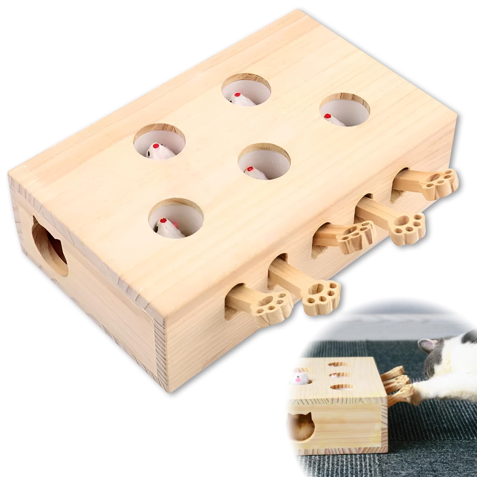 Xanadued Interactive Wooden Cat Toy, Solid Wood Toys For Indoor Cats Kitten Catch Mice Game, Cat Scratcher And Toy, Cat Interact