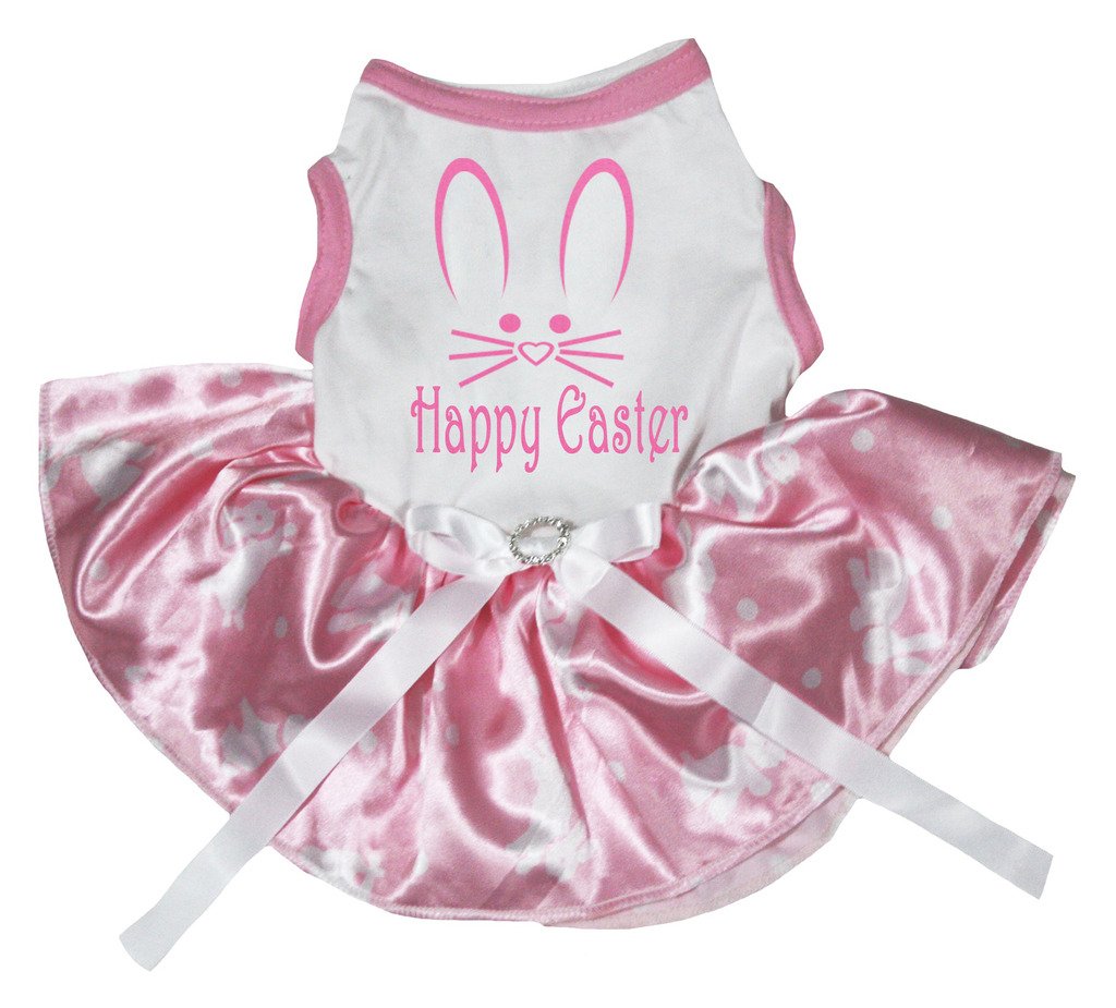Petitebella Bunny Face Happy Easter Puppy Dog Dress (White/Pink Bunny Dots, Small)