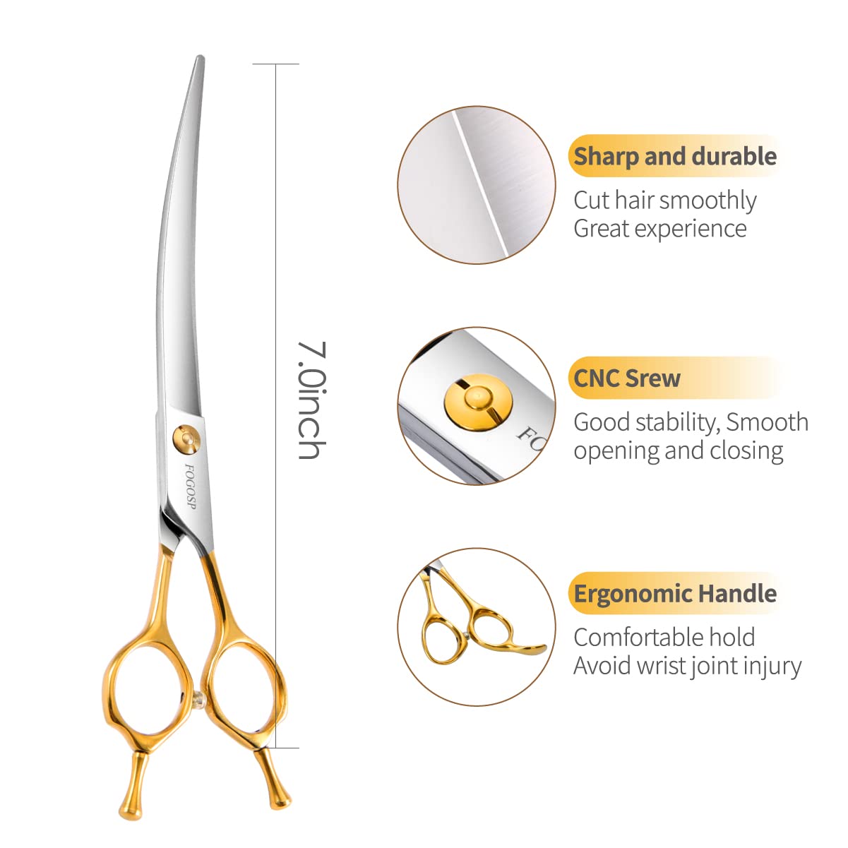 Fogosp Curved Dog Grooming Scissors Professional 7'' Grooming Shears For Dogs Pet Right Handed Groomer Japan 440C Stainless Stee
