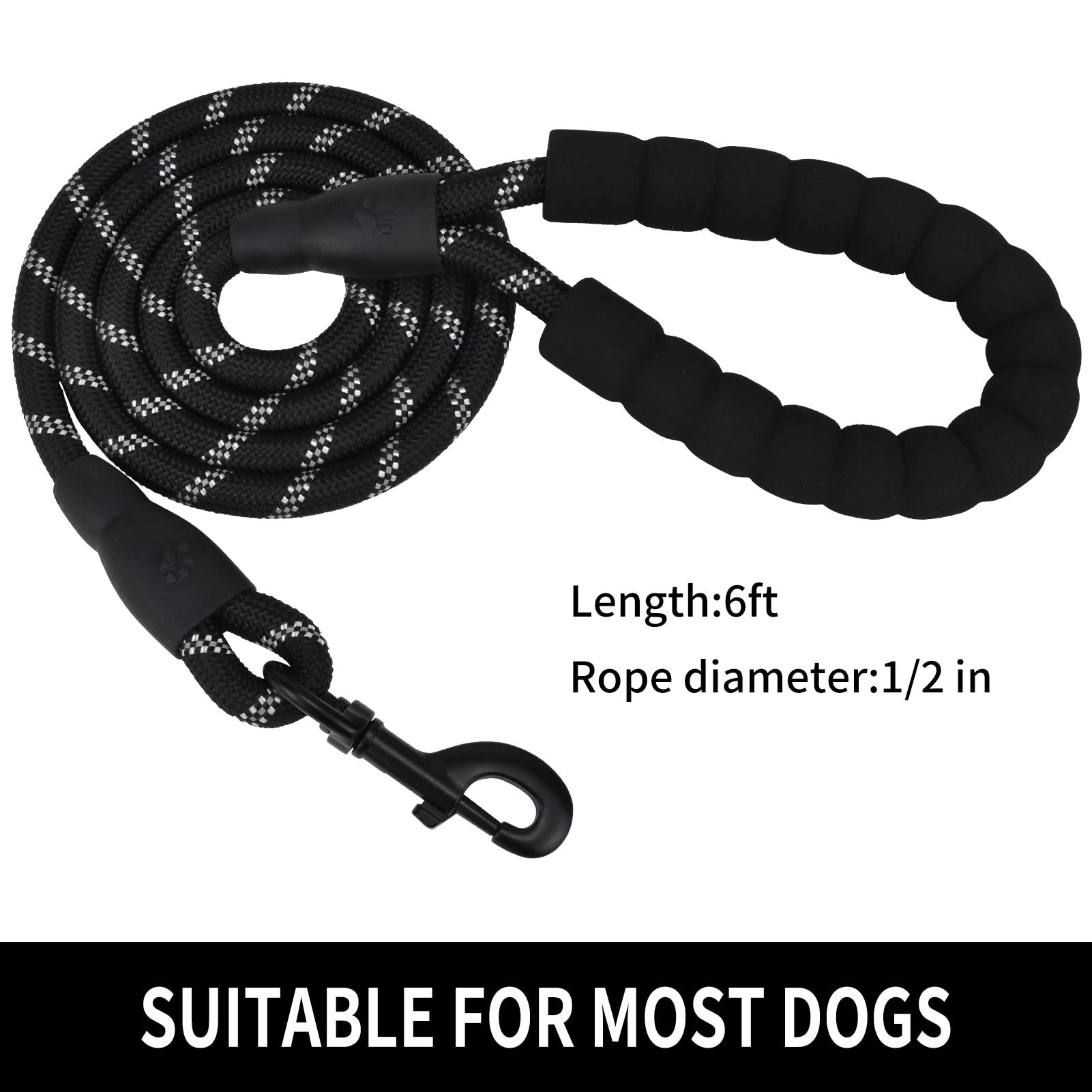 Panykoo 4/5/6 Ft Strong Pet Dog Leash With Soft Padded Handle,Highly Reflective Rope For Night Walking,360-Degree Rotating Metal
