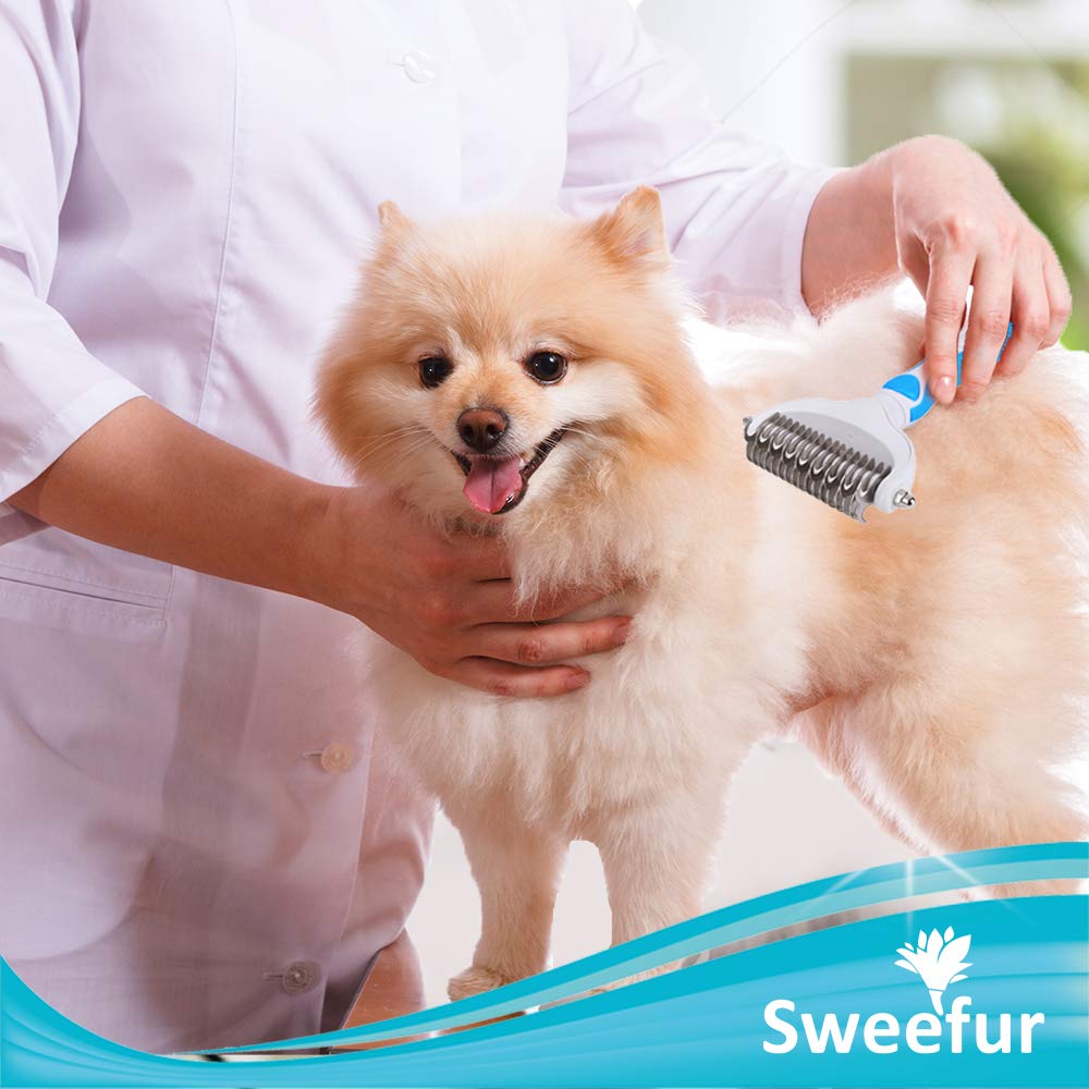 Sweefur Pet Grooming Comb- 2 Sided Undercoat Rake For Dogs & Cats- Professional Teeth Pet Brush For Shedding And Remove Mats & Tangles- Grooming Rake Tool For All Pet Sizes- Blue