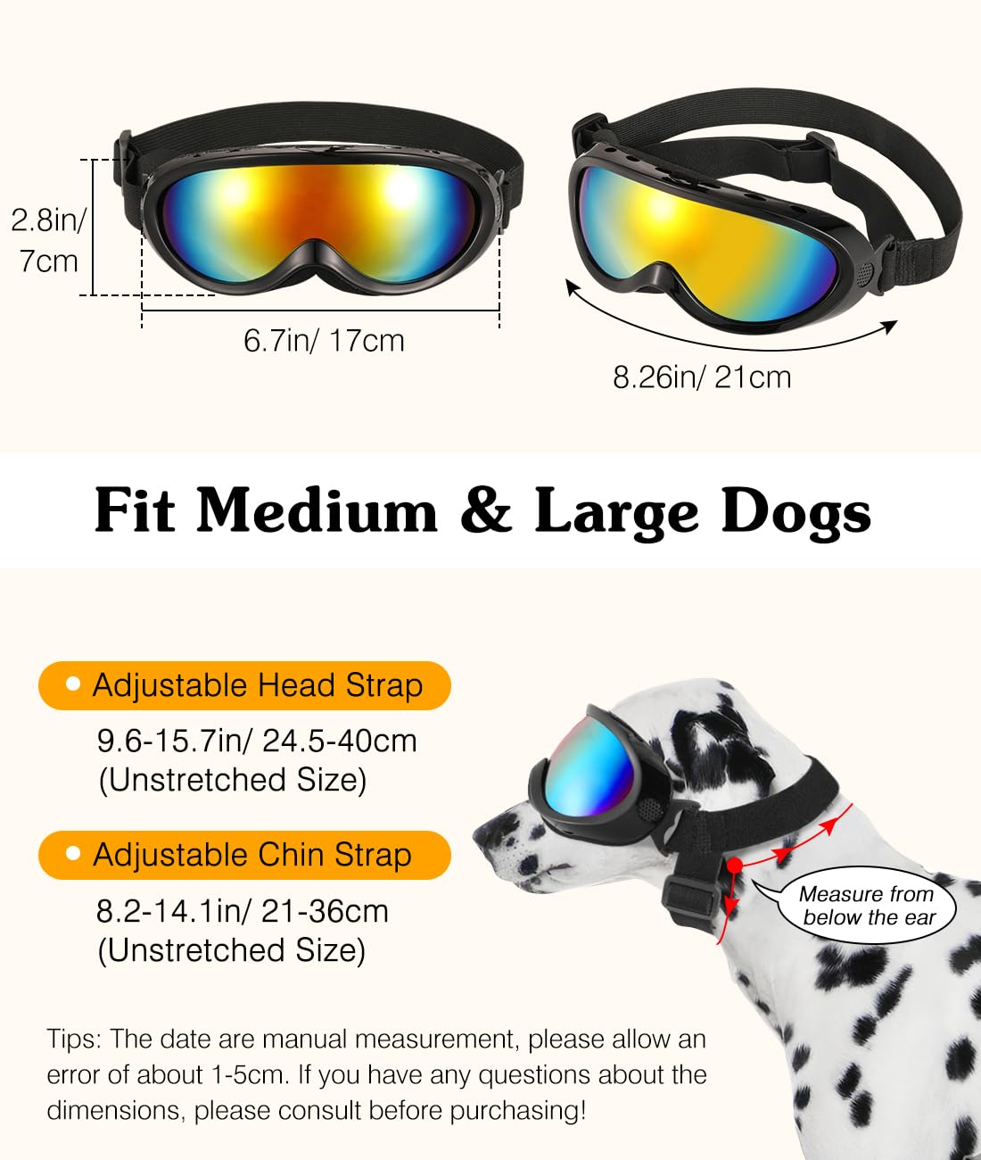 Lewondr Dog Goggles Medium Large Breed, Dog Sunglasses With Adjustable Straps And Soft Sponge Pad, Uv/Wind/Dust/Fog/Snow Dog Eye