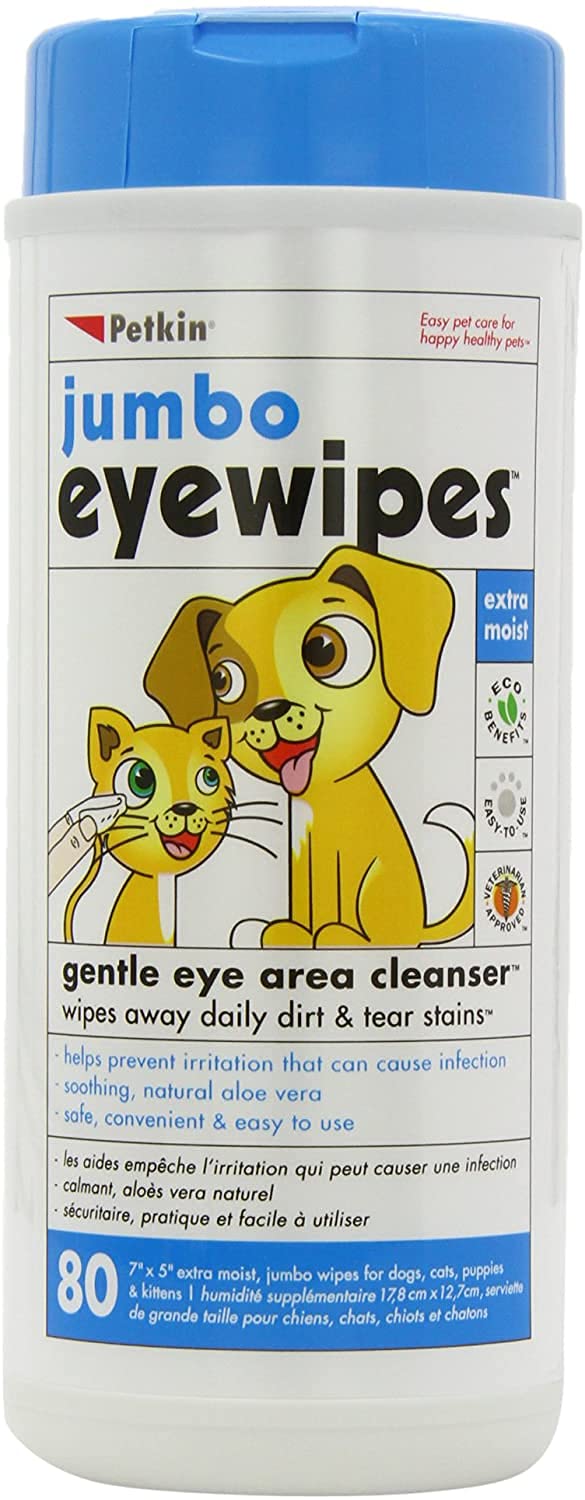 Petkin Jumbo Pet Eye Wipes, 80 Extra Moist Wipes - Gentle Eye Cleansing Wipes Remove Dirt, Discharge, & Tear Stains - Safe, Conv