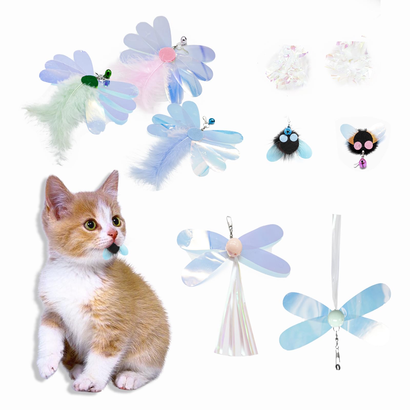 Mooipur Cat Toy, Shiny Insect Refills For Cat Wand Toy, 9Pcs Replacements With Bells For Cat Fishing Pole Toy, Interactive Cat T