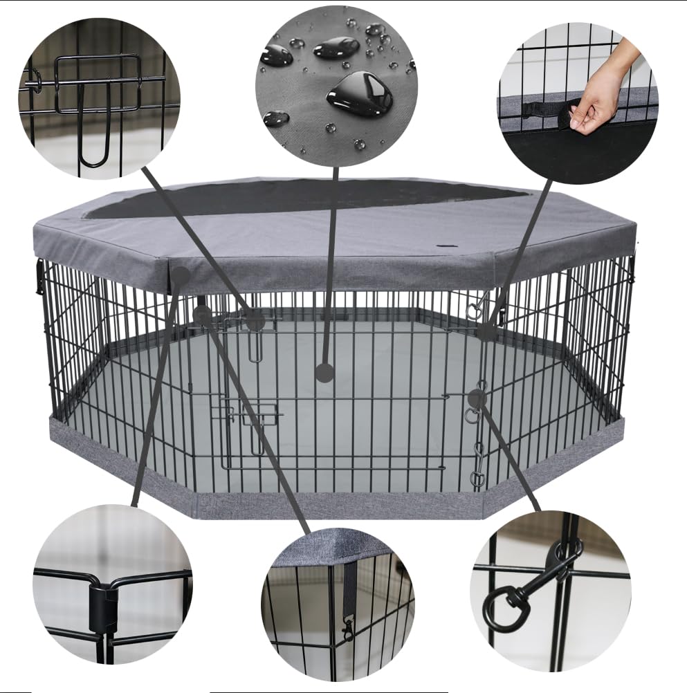 Petime Foldable Metal Dog Exercise Pen/Pet Puppy Playpen Kennels Yard Fence Indoor/Outdoor 8 Panel 24' W With Top Cover And Bot