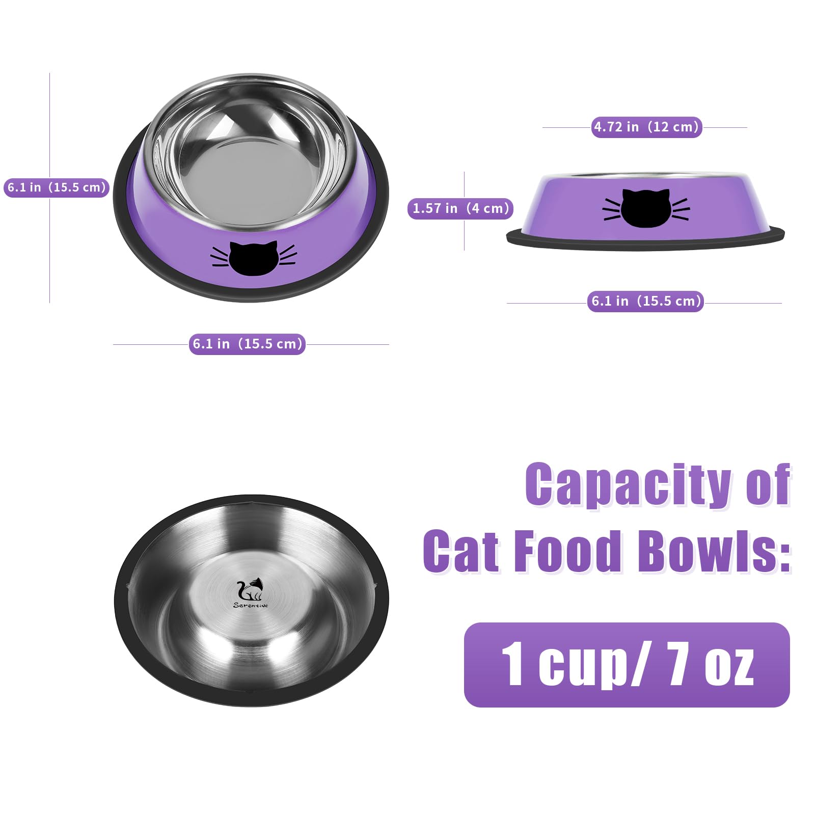Serentive 3Pcs Cat Bowls, Non-Slip Stainless Steel, 7 Oz, Suitable For Indoor Pets, Removable Rubber Base, Lovely Color