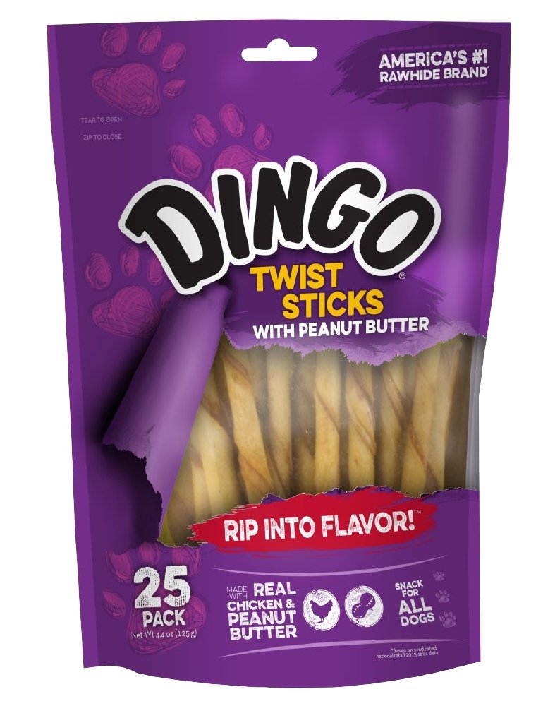 Dingo Twist Sticks with Peanut Butter, Rawhide Chew, 25-Count