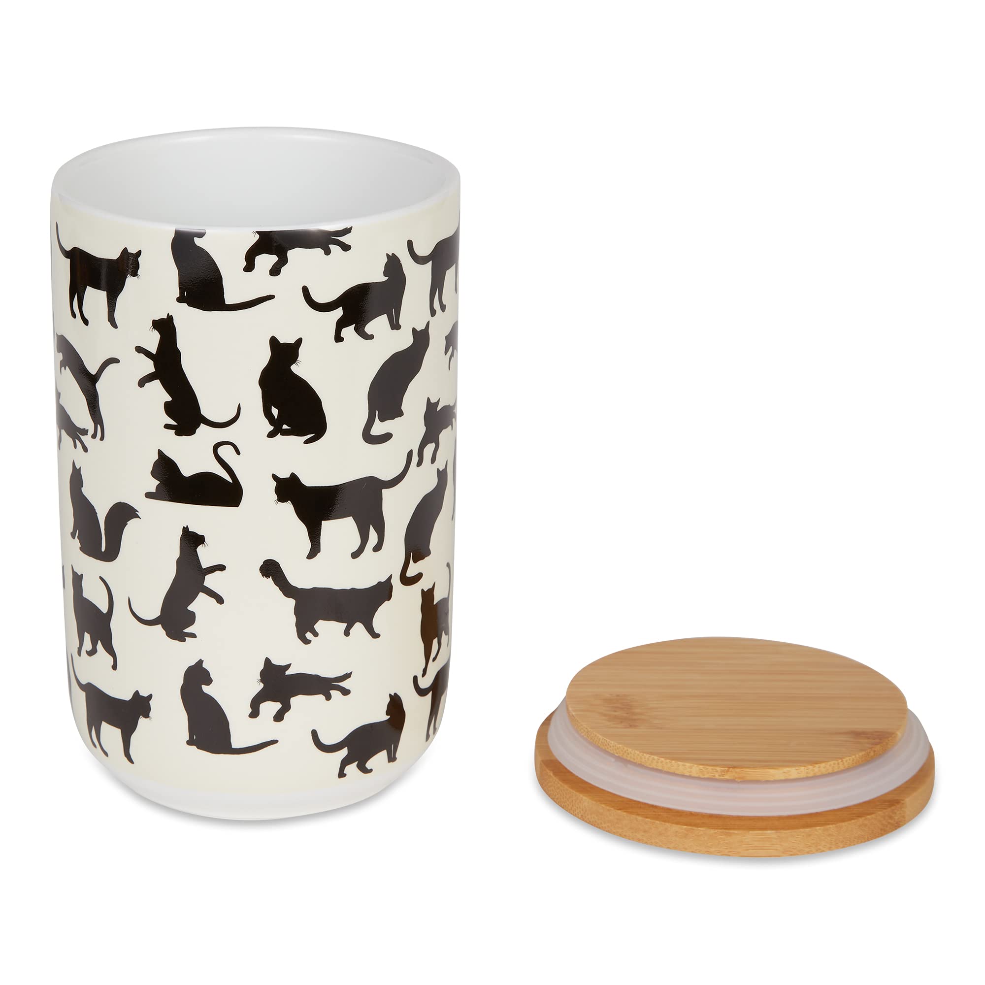 Bone Dry Ceramic Treat Jar for Cats and Dogs, Bamboo Lid, Dishwasher Safe Canister, 4x6.5, Black/White, Cat Treats