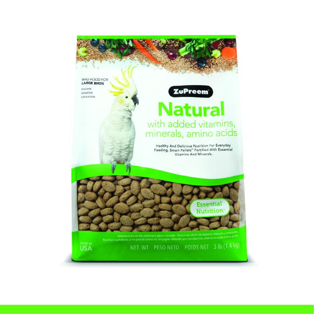 ZuPreem Natural Bird Pellets, Daily Bird Food for Amazon, Cockatoo, Macaw, Core Nutrition for Large Birds, Vitamins, Made in USA