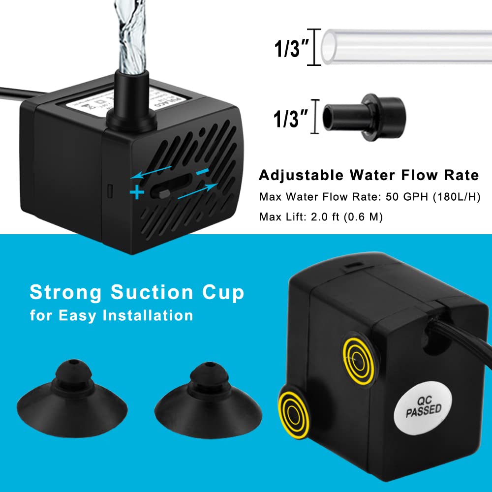 Pulaco 2Pcs Mini Fountain Pump (50Gph 3W), Ultra Quiet Submersible Water Pump For Aquarium, Small Fish Tank, Pet Water Fountain, Tabletop Fountains, Water Gardens And Hydroponic Systems