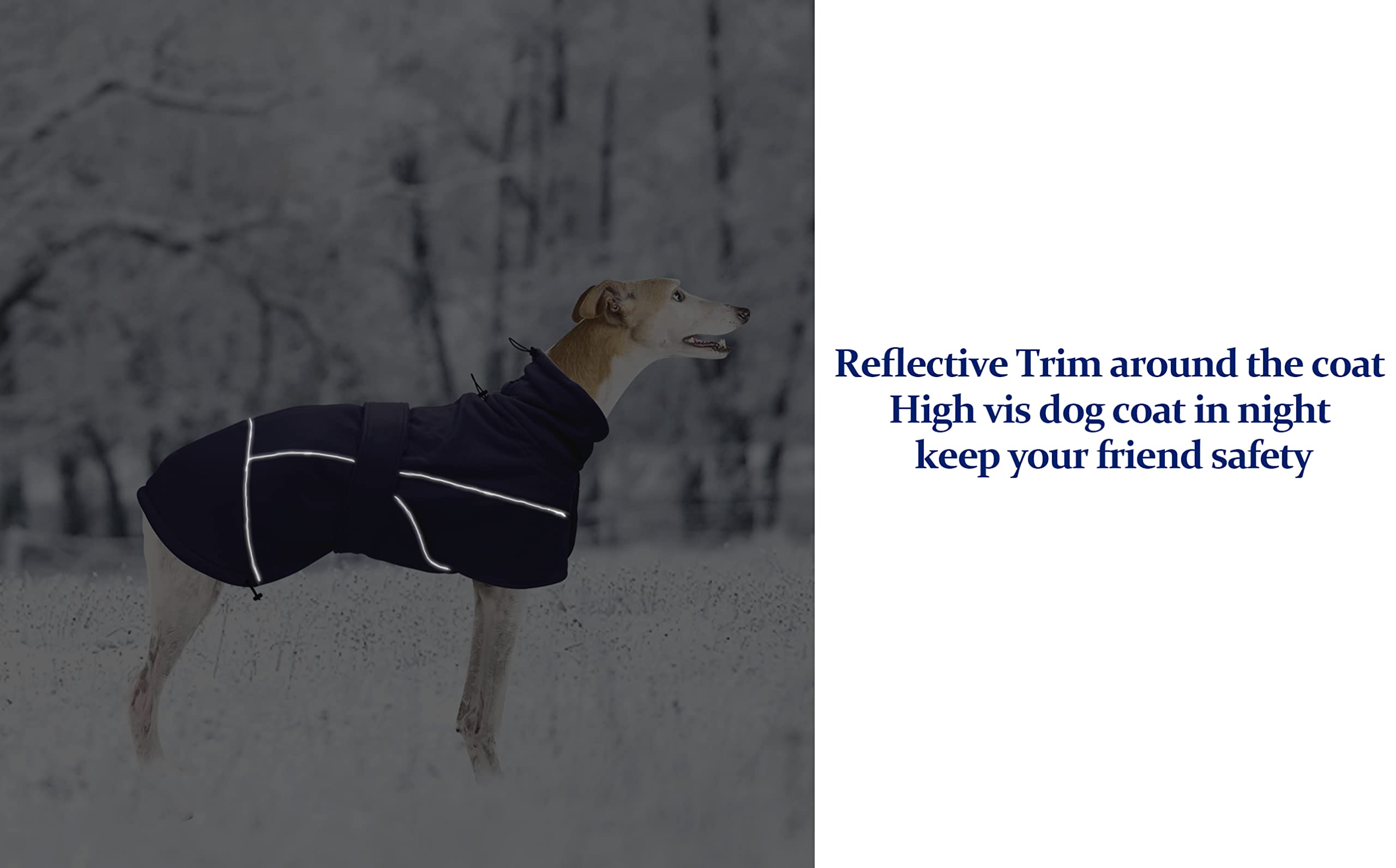 Greyhound Lurcher Winter Coat, Whippet Warm Coat With Fleece, Water Resistant Dog Jacket With Adjustable Bands And Zipper Harness Hole - Navy - Xsmall