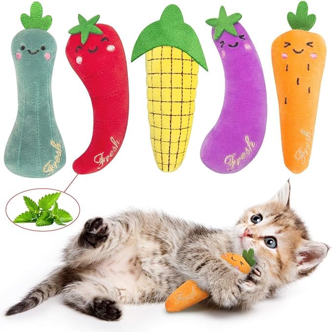 Petangel 5Pcs Bite Resistant Catnip Toys, Farm Theme Catnip Toys Filled Cat Teething Chew Toy, Interactive Kitten Exercise Kicke