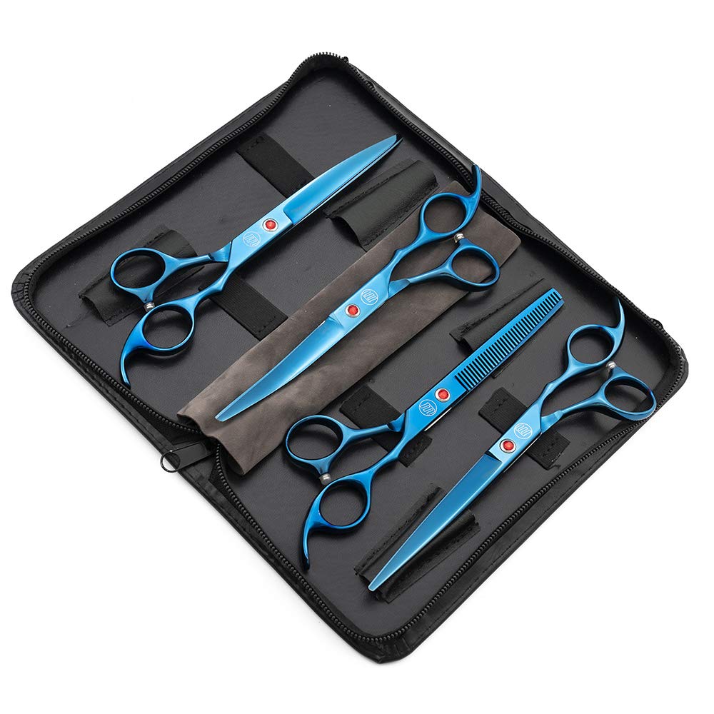 Moontay Professional 7.0' Dog Grooming Scissors Set, 4-Pieces Straight, Upward Curved, Downward Curved, Thinning/Blending Shears For Dog, Cat And Pets, Jp Stainless Steel, Blue