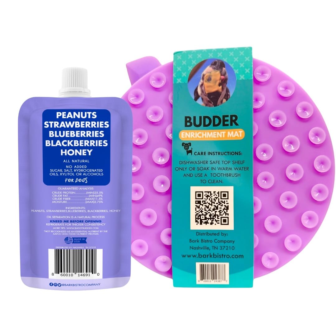 Buddy Budder Bark Bistro Dog Lick Mat Set With Superberry Peanut Butter, Purple Enrichment Mat With Spatula, 4 Oz Squeeze Pack