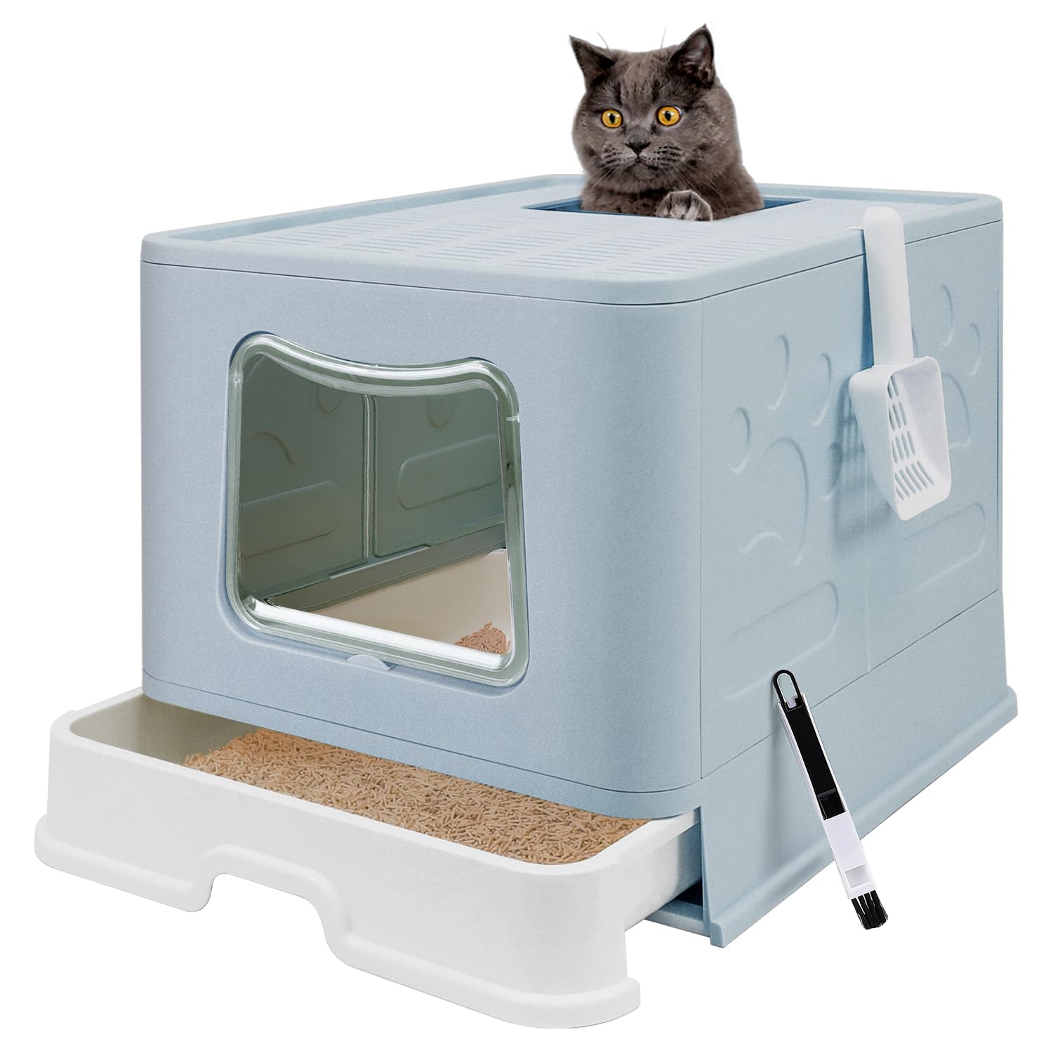 Foldable Xl Cat Litter Box With Lid, Jumbo Enclosed Cat Potty, Top Entry Anti-Splashing Cat Toilet, Easy To Clean Including Cat Litter Scoop And 2-1 Cleaning Brush (Blue) Extra Large