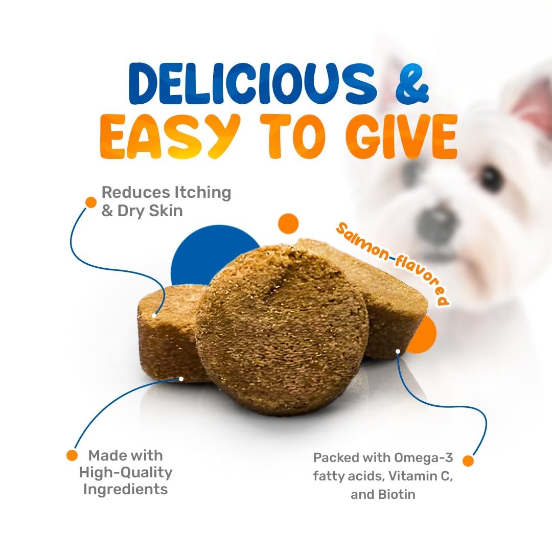 Sniff n Chomp Fish Oil for Dogs, Omega 3, with Wild Salmon Oil, Biotin, and Vitamin C, Fish Oil Dogs for Dog Severe Dry Skin S