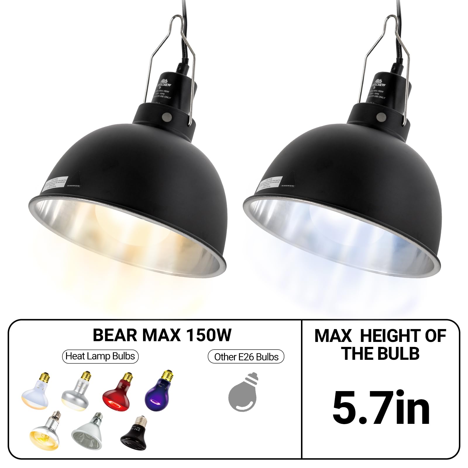 CAVACHEW 2 Pack Reptile Light Fixture, 8.5in Deep Dome Reptile Lamp Fixture, Optical Reflection Cover, Separate Switche & Hook,