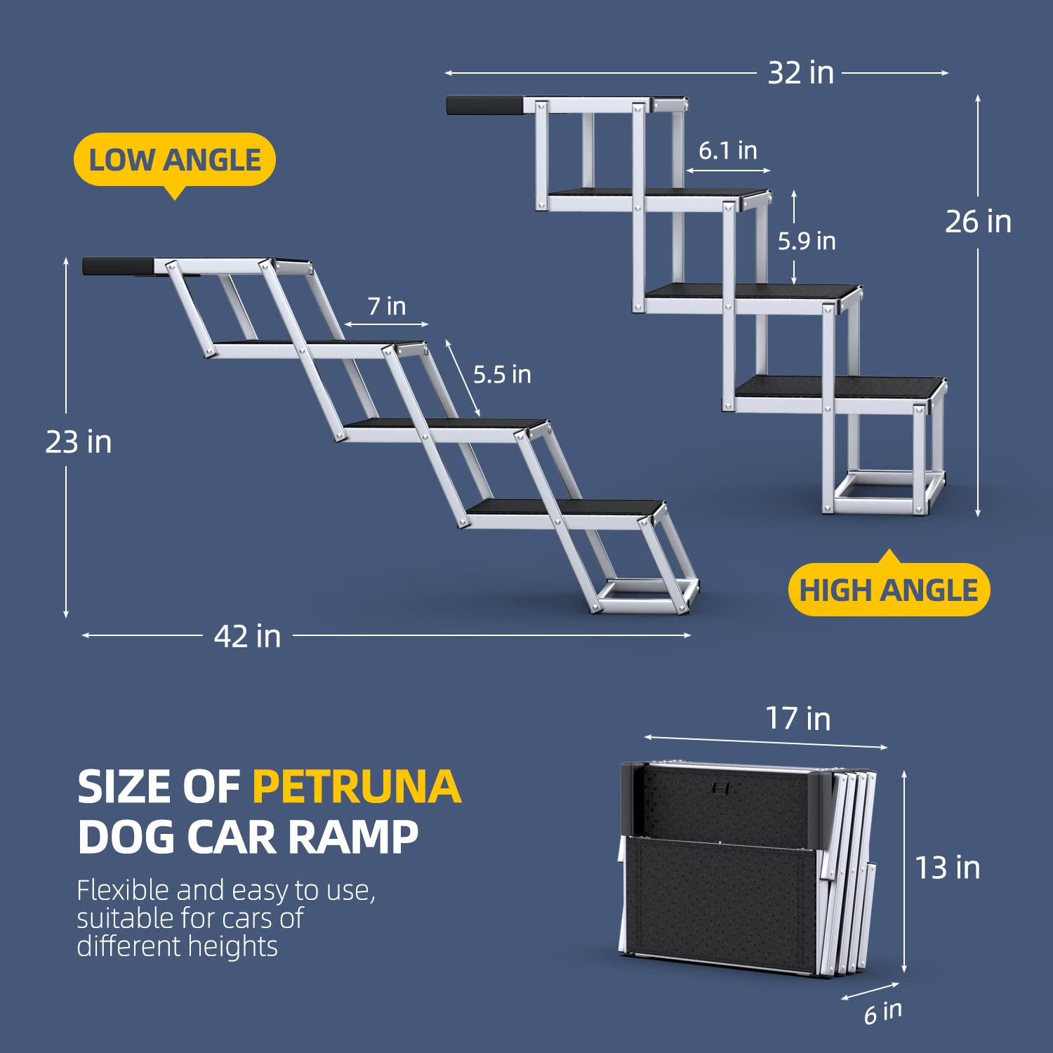 Petruna Dog Stairs For Car, Foldable Dog Ramp For Car With Non-Slip Surface, Portable Dog Stairs Aluminum Dog Steps For Cars And Suv, High Beds, Truck, Supports Up To 250 Lbs, 4 Steps